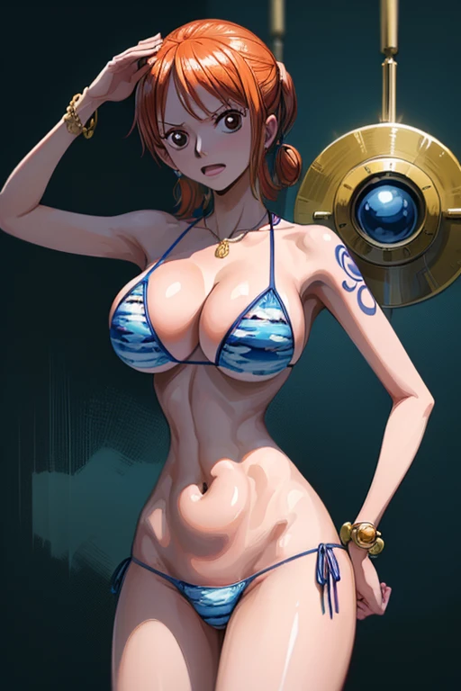 An arafe woman wearing a bikini top and super miniskirt and holding a sword, nami one piece, beautiful portrait of nami, Nami of one piece,Nami in super miniskirt, Detailed Digital Anime Art, Cute exirobat showing white pants, Very detailed ArtGerm haha, deviantart artstation cgscosiety, realistic bikini, Swimsuit, fanart best artstation, ArtGerm. high detailing