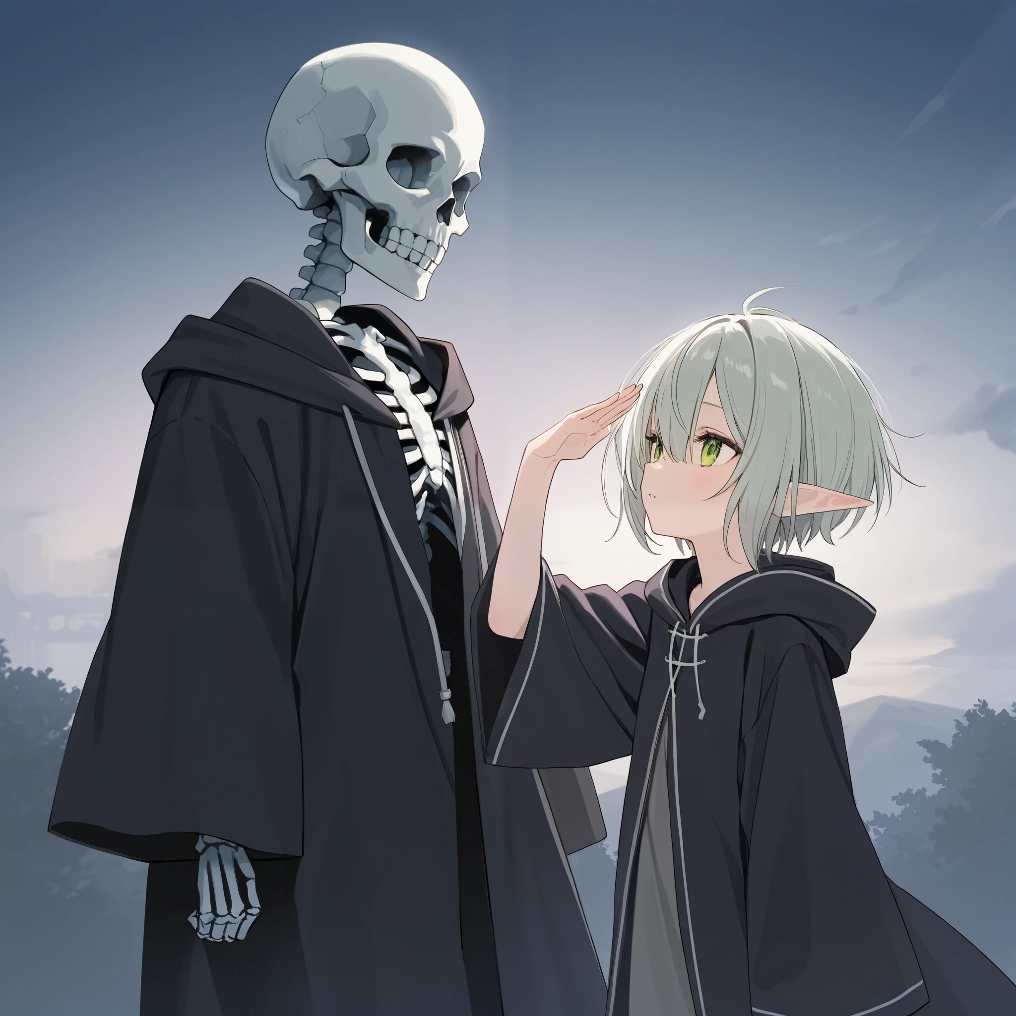 Elf girl with short gray hair,Black robe,One Skeleton Companion 