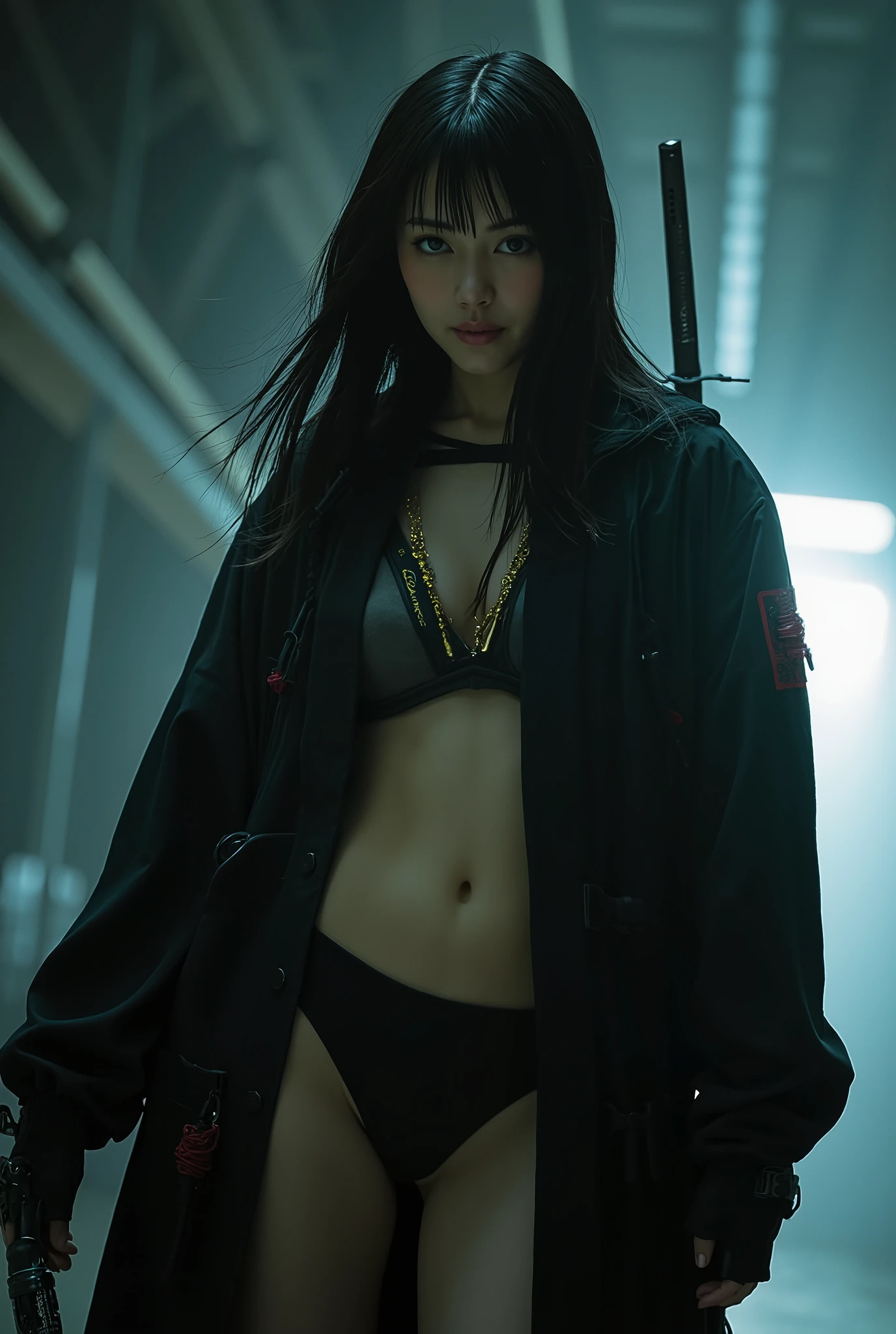 (((Hold a cyberpunk-style Japanese sword:2.0))), ,((whole body:2.0)), one woman,( cute face:1.3),(Beautiful well-balanced face :1.3),( natural big breasted :1.5),( black hair:1.5),( beautiful eyes:1.3),Glamorous shot of a 20 year old Japanese woman , Slender Beautiful Body ,( model body type:1.3),(Slim body:1.3), perfect body line, Ideal Proportions ,((( big breasts:2.0))),Bare thighs,Voluptuous thighs, delicate body,( Shrimp:1.3),A harmonious posture,(Realistic breast depiction :2.0),(Realistic depiction of areolas:1.5), carefully depicting limbs based on perfect anatomy ,((Futuristic ninja-style black military vest :2.0)),((Perfect Naked:2.0)),(((I can't wear panties:2.0))),(((( lower body nude:1.5))),((A samurai kimono-style military coat with an open front over a nude body:2.0),(ear monitor:1.5),((Tactical Holster:1.5)),( gloves:1.3), concept art,((( HR Gigger-style cyberpunk atmosphere :2.0))),( best quality :1.5),(masterpiece:1.5),(超高resolution),resolution,UHD,( Delicate Depiction), carefully drawn with butterfly wings ,32K,(( Realistic Skin Texture :1.5)),((( Ultra Realistic:1.5))),Draw eyelashes carefully, very detailed face,Highly detailed female hand,Sexy appearance,Very sensual,(((The dark interior of the Nostromo ship :2.0))),(Blurry Dim Backgrounds :1.5), Polo,( movie lights:2.0),((Blade Runner Style Light :2.0))
