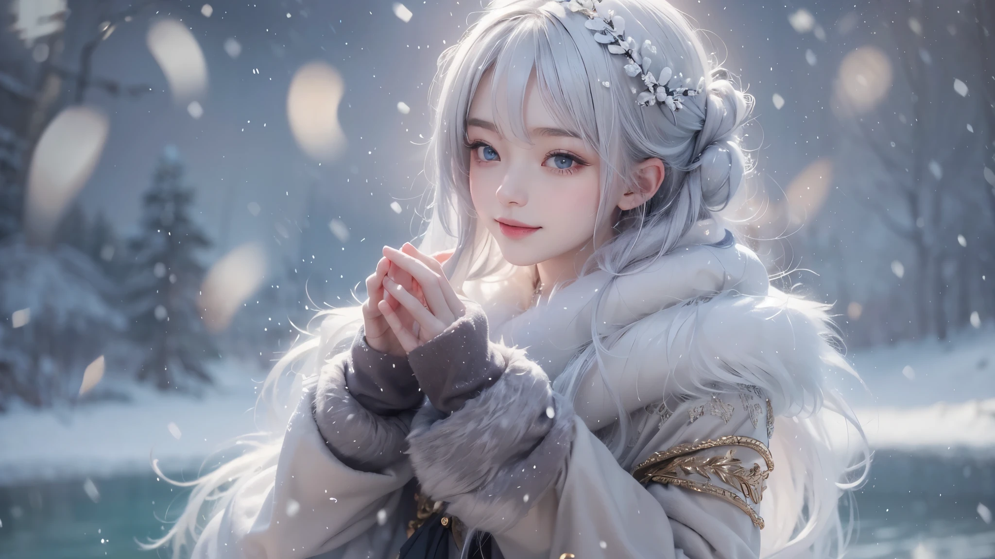 (close-up image) masterpiece、Highest quality、1 girl, winter, silver hair, Cute girl, smile, close mouse, large breasts, sideboob:1.4, white dress, winter clothes, long skirt, Fur coat、Small waist、Thin legs、outdoors, front of the lake, snow falling, Prayer Pose, join hands, from front
