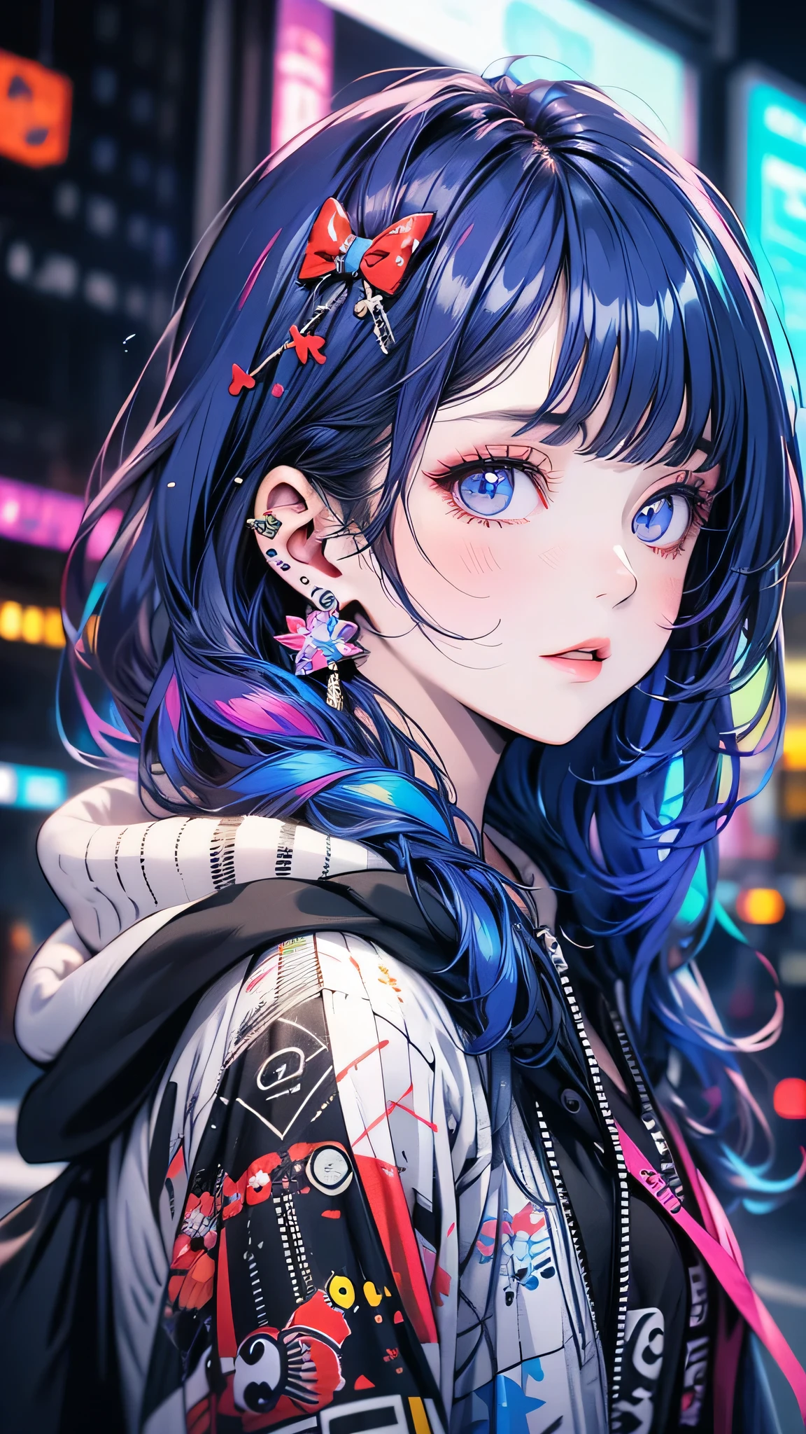 (Masterpiece,  best quality ,  超 high resolution , 4K,  detailed details), One girl in cyberpunk,  Stunning cityscapes , hoodie,  blue hair ,    neon color流れ星 ,  very long hair that gives off a bow,  off shoulder, Feather ornament,  neon color, Blink,   A Beautiful Night Sky  ,  Cinematic Lighting ,  photorealistic, realistic skin,  high resolution,