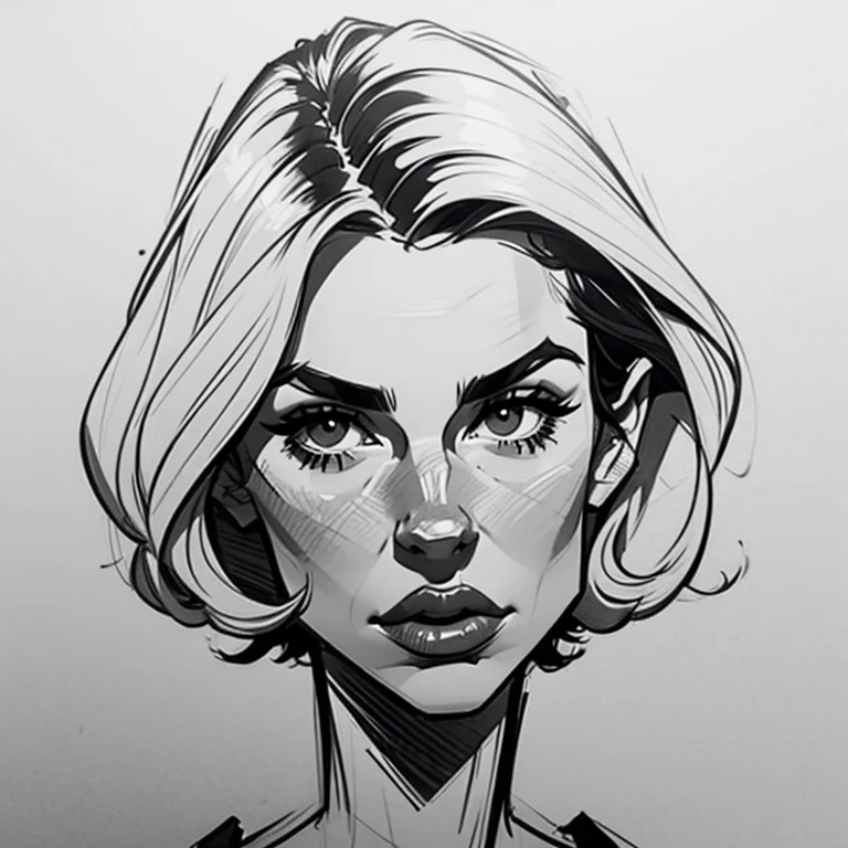Create an image of a Woman, short hair, black and white sketch