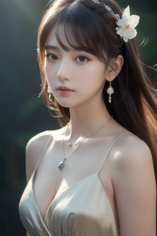 masterpiece, (photogenuineistic: 1.4), highest quality, beautiful lighting, outdoor, Girl Single, alone, jewelry, earrings, long hair, emeraldgreen eyes, black hair, outdoor, big breasts, Scapula, lips, null, sunset, Braided hair, hair ornaments, genuine, bangs, cloud, necklace, pillars,, (big breasts:1.3)、(Highly detailed wallpapers in CG unity 8k), Complex, high detail, sharp focus, dramatic, beautiful girl, golden details , Raw photo, 8K UHD, film grain