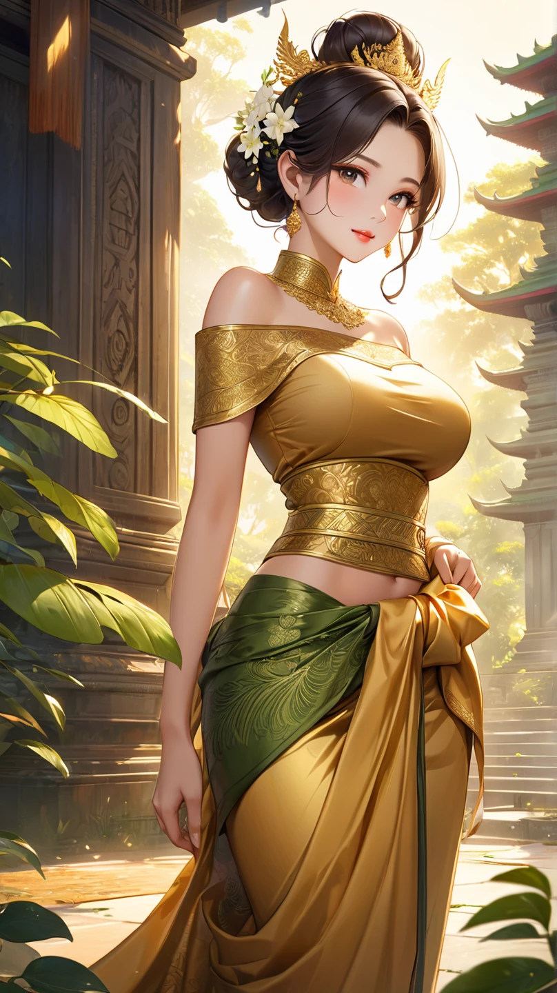 (Masterpiece:1.5), (((High qualityสุด, best quality, High quality))), ((complicated details, very detailed, Crazy details)), height, 32ก, Extremely detailed CG 8K unity wallpaper., (beautiful and beautiful:1.2),, (depth of field:1.3), (Flawless.:1.3), (Delicate depiction of details:1.4),
(((Abundant natural light, Delightful bright colors))), (Ambient volumetric backlight:1.5),  (Illustration of an extremely beautiful young woman:1.3),
(upper body:1.4), (perfect center:1.4), (Natural willow pose:1.5), (((dynamic poses, movie corner))),
(1milf:1.5), (alone:1.4),
beautiful beautiful face, [(detailed face:1.2):0.2], Bright eyes, Pure Rose Face_v1, ulzzang-6500-v1.1,  (gag:1.5), (red lips:1.4), (full lips:1.4), (smile:1.3),
Flawless attractive body, (((The feminine curves are pronounced.))), Skin glows brightly., realistic skin, hair follicles, (((Tightening belly, navel, Groin:1.3))),
(((Golden thread flutters.))), (Fringed tassels:1.3), (Tight long sleeves:1.4), (Single neck), (The invention shines.:1.5), (Elegant and intricate clothing accessories:1.5), (Embroidery work decorated with gems:1.4), (sparkling clothes:1.4), (sparkling particles:1.3), (((The front seam is sagging., Sagging back seam))), (((earring, armband, Hair clips, hair accessories))), (Stand alone in a magical outdoor garden decorated with gems and colorful exotic flowers and shrubs.:1.5), (Outside the great ancient palace:1.5), (((full body))),(((ขับnavel,List of dances,Thai Dance))),((((Separate outfit showing nipples:1.4, semi-naked:1.8))),(((Complete breasts,Complete nipples))),Revealing the skin, ((pussy,bare female genitals))