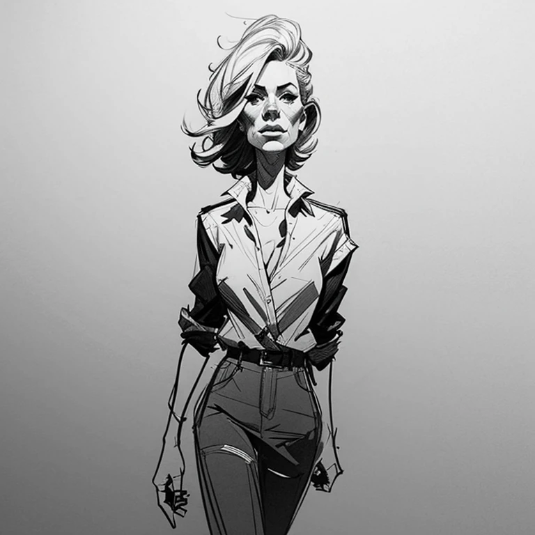 Creates an image of a woman walking, black and white sketch , seen from afar