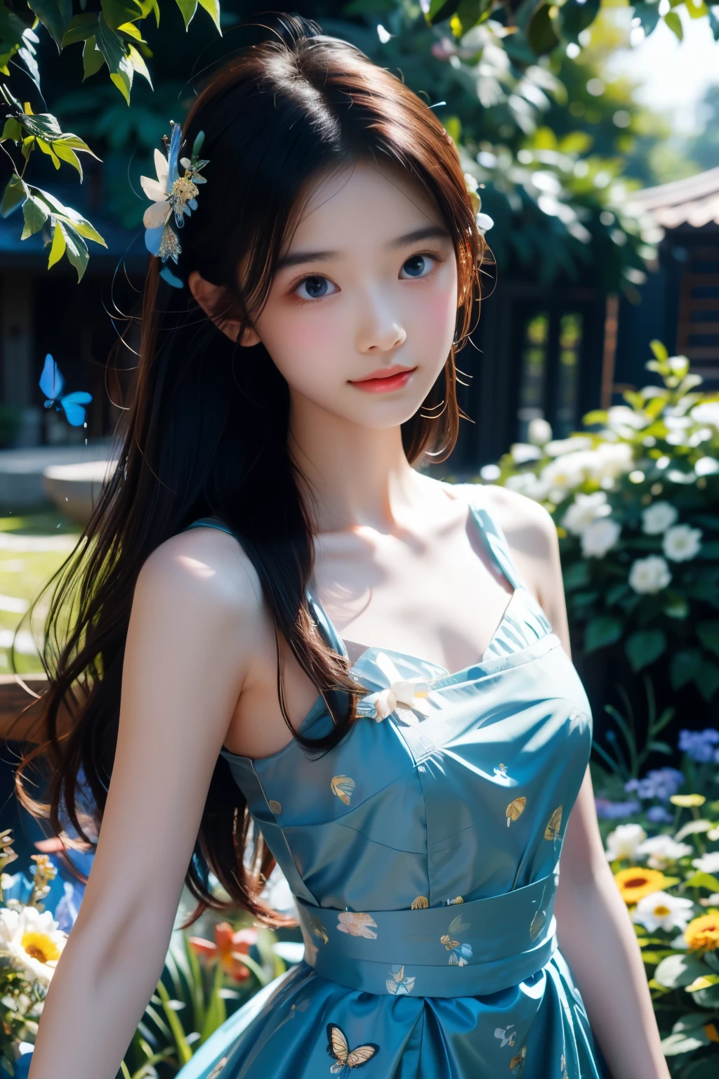 (best quality,4K,8K,high resolution,masterpiece:1.2),Super detailed,(actual,photoactual,photo-actual:1.37),A girl stares into the night under the new moon,The moonlight illuminates her face,Calm expression,breathtakingly beautiful,long flowing hair,Bright Eyes,red face,peaceful atmosphere,magic garden,nature surrounds her，Flowers bloom,Butterflies danced around her,The soft moonlight casts a magical glow,A touch of mystery and surprise,Impressionist painting style,Vibrant colors blend seamlessly,Golden hue with a hint of cool blue,Subtle changes in shadows and highlights,Ethereal and dreamy environment,Delicate brushstrokes create a sense of movement and depth,Subtle details capture every nuance and emotion,Use light and contrast wisely,Create mesmerizing and unforgettable scenes.