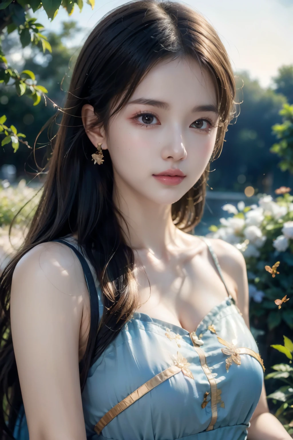 (best quality,4k,8k,highres,masterpiece:1.2),ultra-detailed,(realistic,photorealistic,photo-realistic:1.37),A girl staring at the night under the new moon,moonlight illuminating her face,serene expression,breathtakingly beautiful,long and flowing hair,sparkling eyes,rosy cheeks,peaceful atmosphere,enchanted garden,nature surrounding her with vibrant flowers,butterflies dancing around her,soft moonlight casting a magical glow,hint of mystery and wonder,impressionistic painting style,vivid colors blending seamlessly,golden hues with a touch of cool blue,subtle play of shadows and highlights,ethereal and dreamlike setting,delicate brushstrokes creating a sense of movement and depth,subtle details capturing every nuance and emotion,masterful use of light and contrast,creating a mesmerizing and unforgettable scene.