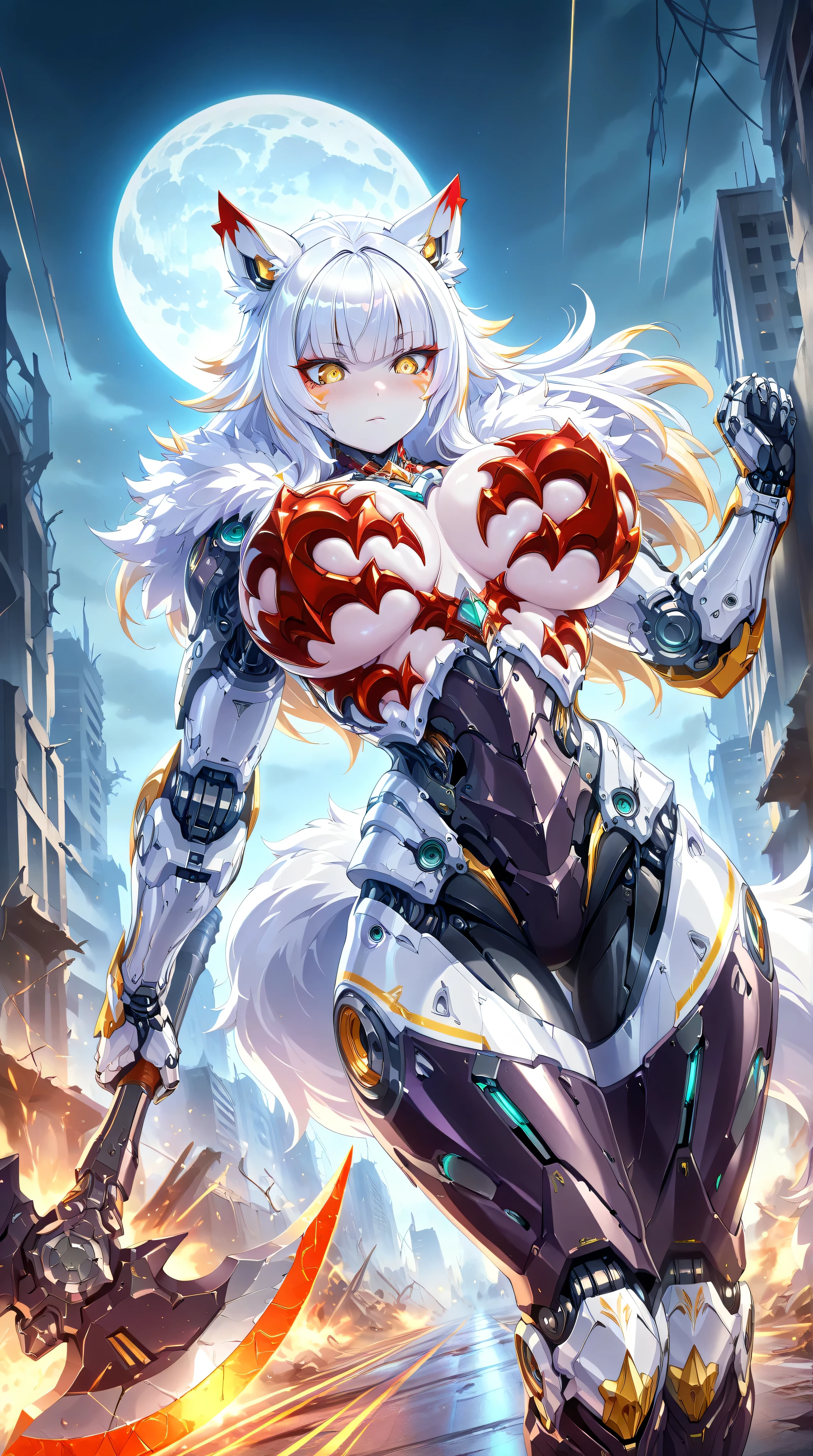 masterpiece,best quality,official art,extremely detailed CG unity 8k wallpaper,extremely detailed background, fantasy art, intricate details, (Sci-fi style), (Mechanical style),nsfw,nude,1girl,huge_breasts,Mechanical body,mechanical parts,mecha corset,robot joints,mechanical arms,(whole body),thick thighs,lustrous skin,shiny skin,pale skin
(white mastiff armor),(white fur trim),(white intricate mechanical bodysuit),white Functional clothing,dog ears,dog tail,(red claw bra:1.4)
outdoor,building_ruins,burning city,black night,full moon
expressionless,blush,standing,Wielding a axe,cleaving,incoming cleave,incoming attack,dynamic angle,speed line,motion lines,bouncing-breasts,unaligned-breasts
yellow eyes,detailed beautiful eyes,finely detailed eyes
(white hair,crew cut,blunt_bangs,hair_between_eyes,reflective hair,