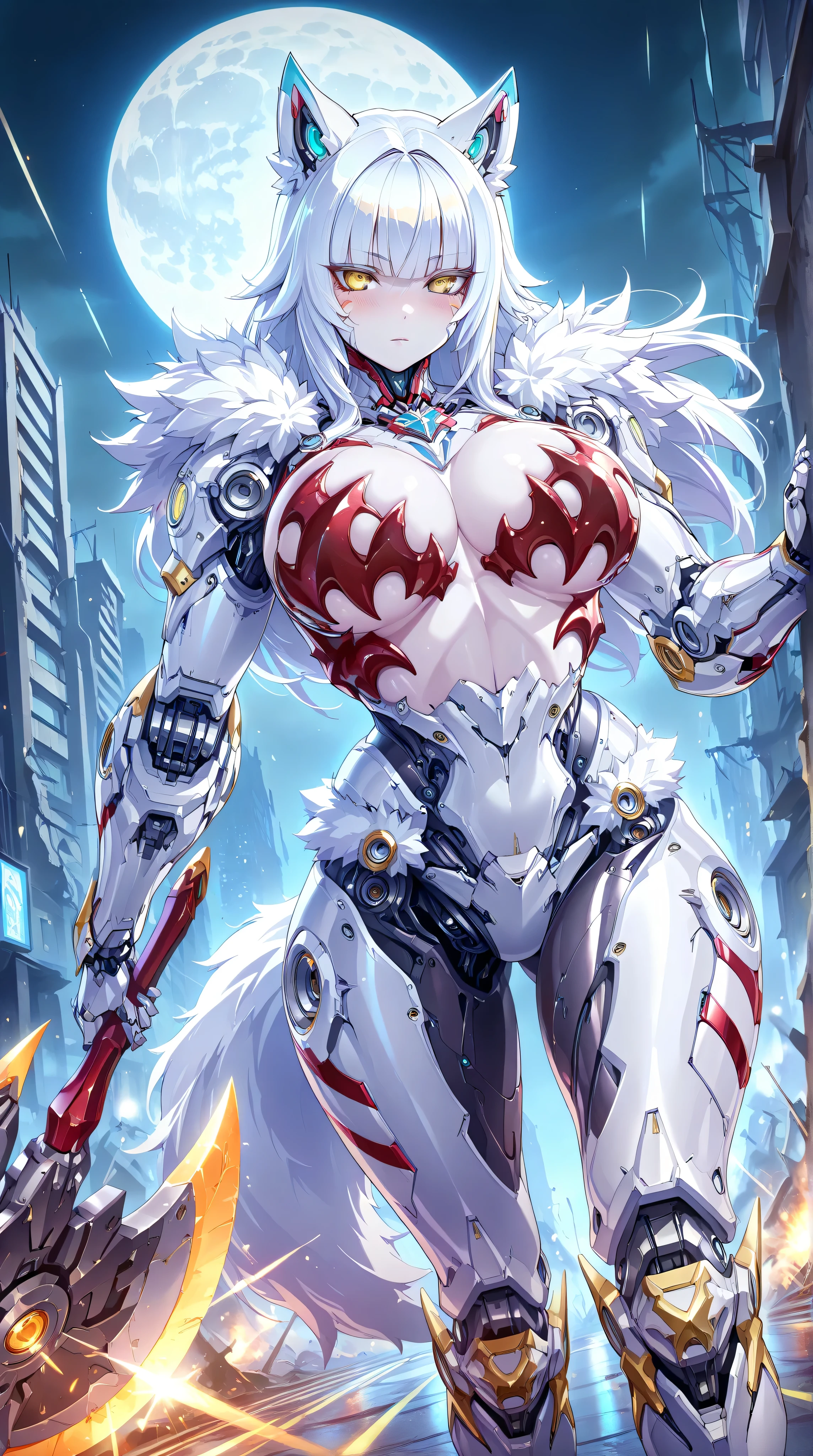 masterpiece,best quality,official art,extremely detailed CG unity 8k wallpaper,extremely detailed background, fantasy art, intricate details, (Sci-fi style), (Mechanical style),nsfw,nude,1girl,huge_breasts,Mechanical body,mechanical parts,mecha corset,robot joints,mechanical arms,(whole body),thick thighs,lustrous skin,shiny skin,pale skin
(white mastiff armor),(white fur trim),(white intricate mechanical bodysuit),white Functional clothing,dog ears,dog tail,(red claw bra:1.4)
outdoor,building_ruins,burning city,black night,full moon
expressionless,blush,standing,Wielding a axe,cleaving,incoming cleave,incoming attack,dynamic angle,speed line,motion lines,bouncing-breasts,unaligned-breasts
yellow eyes,detailed beautiful eyes,finely detailed eyes
(white hair,crew cut,blunt_bangs,hair_between_eyes,reflective hair,