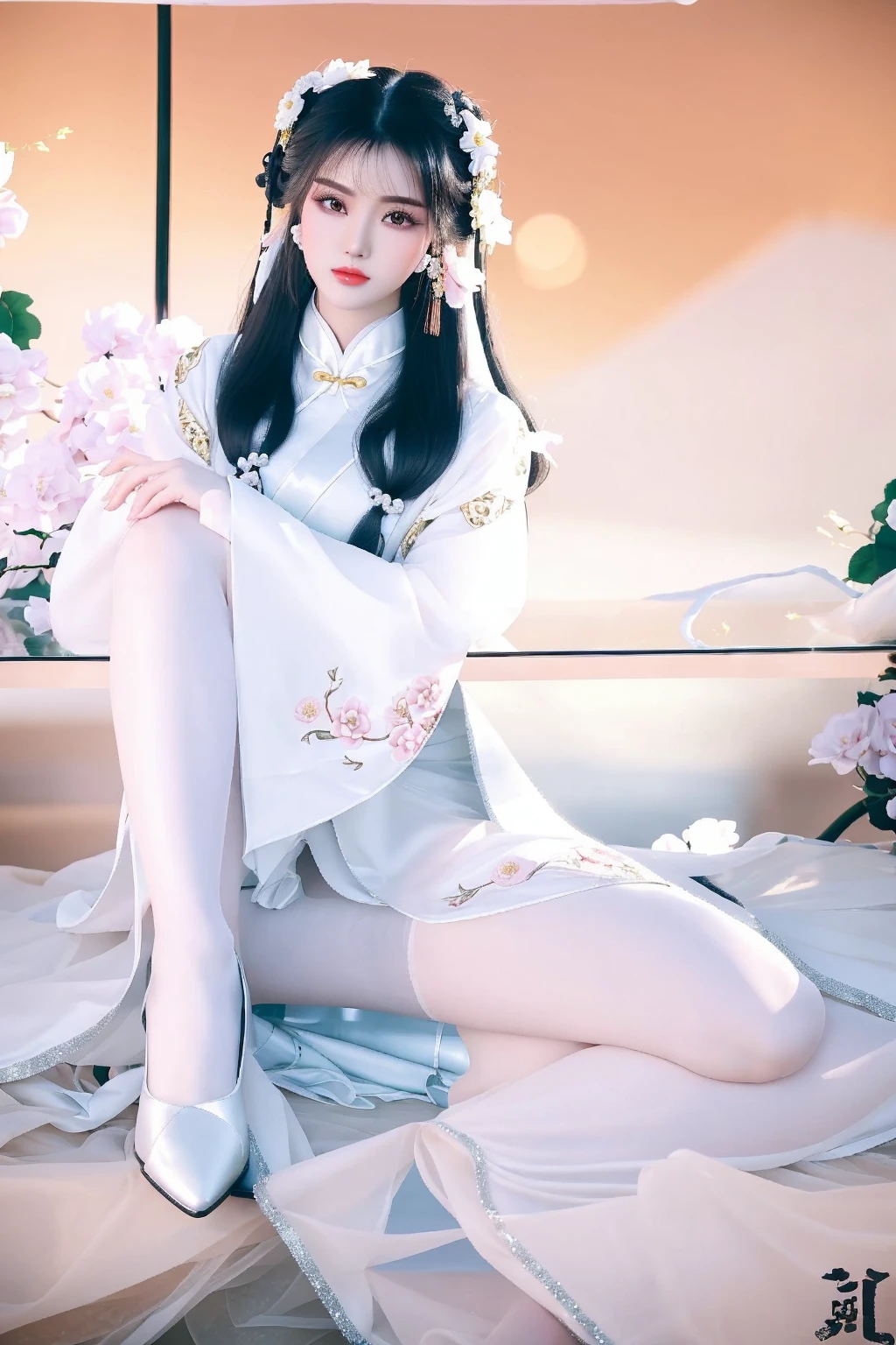 a close up of a woman in a white dress sitting on a floor, white hanfu, full body xianxia, hanfu, palace , a girl in hanfu, wearing ancient chinese clothes, with acient chinese clothes, traditional chinese clothing, chinese costume, traditional beauty, chinese girl, chinese style, anime girl cosplay, cheongsam, traditional chinese