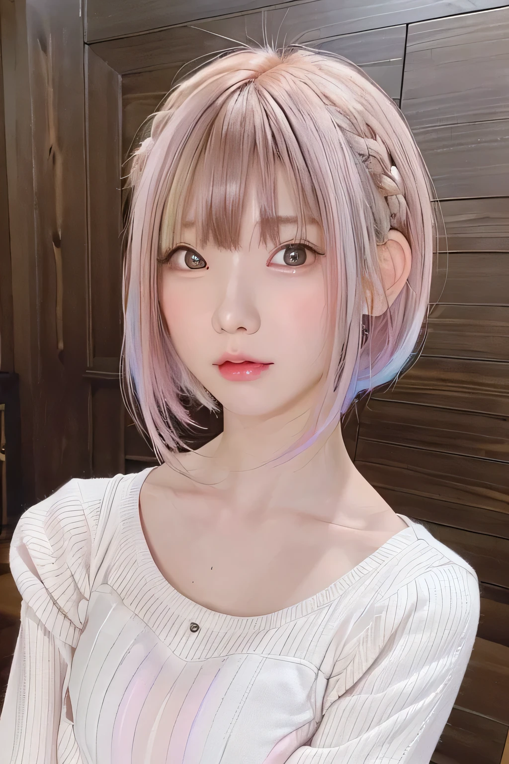 (masterpiece、 best quality 、 super detailed description 、Ultra high resolution)、(face shot close-up:1.3)、 girl 、solo、small chest、 is cute 、 idol face)、Wood grain background、Standing in front of a wall、bangs、updo 、(Pastel Gradient Hair:1.4)、((argyle-patterned sweater))、 front close、 idol pose