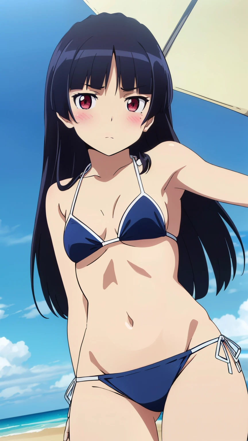 Mini yaemori, sola, cuerpo completo, posando para una foto, en bikini, bikini rojo sexy, abdomen, muslos, sentada, sonriendo, ojos rosados, boca abierta, nariz ruborizada, playa, sol, sentada en la arena, mar de fondo, posando para una foto, Perfect Anatomia, ojos grandes, ojos rosados