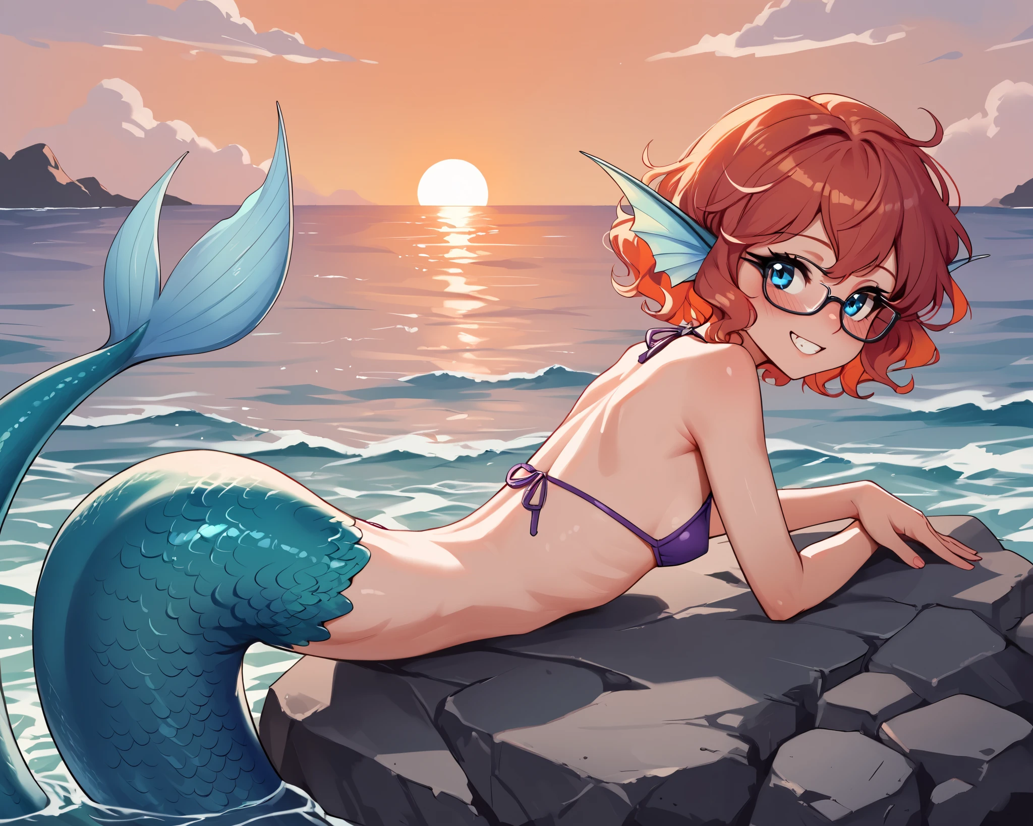 score_9_up, score_8_up, score_7_up, 1girl, solo, source_anime, mermaid, hud_m3rmaid, monster girl, mermaid, bikini top only BREAK
Red hair, short hair, wavy hair, blue eyes, cute face, glasses, small breasts, headfins, blue mermaid tail BREAK
Purple bikini BREAK
Closed mouth, smile, teeth, from behind, looking back, on rock, blush, outdoors, sunset sky, rocks, ocean, orange sky BREAK
