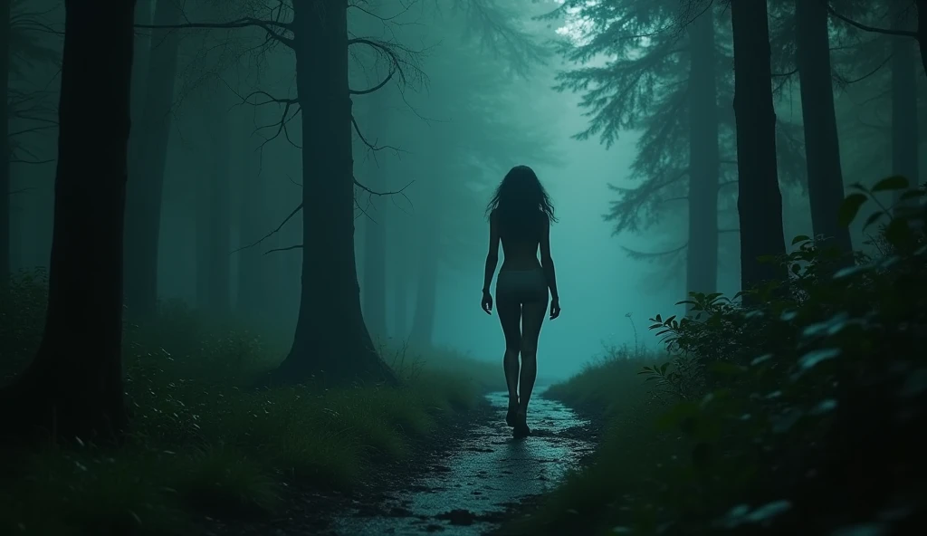 ung woman, beautiful, long flowing hair, mud-covered body, nude, fleeing through a dark and mysterious forest, dangerous carnivorous plants with tentacles reaching out to her, the plants' tentacles violating her, cinematic dramatic lighting, dark moody fantasy atmosphere, photorealistic, 8K, best quality, highly detailed, masterpiece