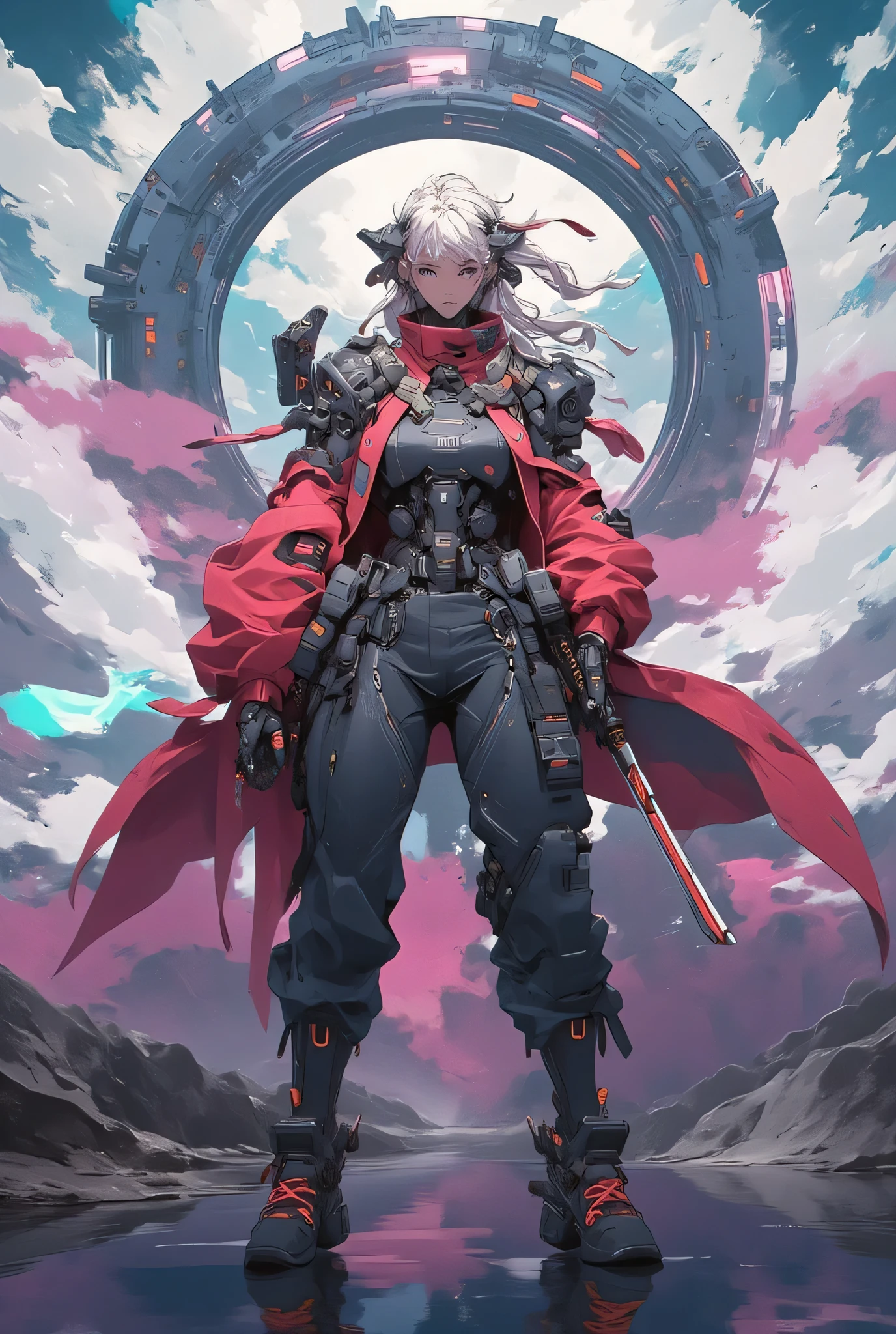 ((Anime art style illustration ) of ( Perfect of Asian Cyberpunk Girl ))), ((( Wears extremely fine and intricate cyberpunk samurai armor))), (( LED lights )), ( Invisible of Long Hair ), Perfect of Characteristics , ((((Full image) dynamic pose on mountains))), (((Starship interior))), Abstract Beauty , Almost perfect, Pure Form, Concept map, Intricate of details, 8K Post-production, high resolution , super detailed , Art Studio Trends , sharp focus , Studio photos, Intricate of details, Very Detailed.