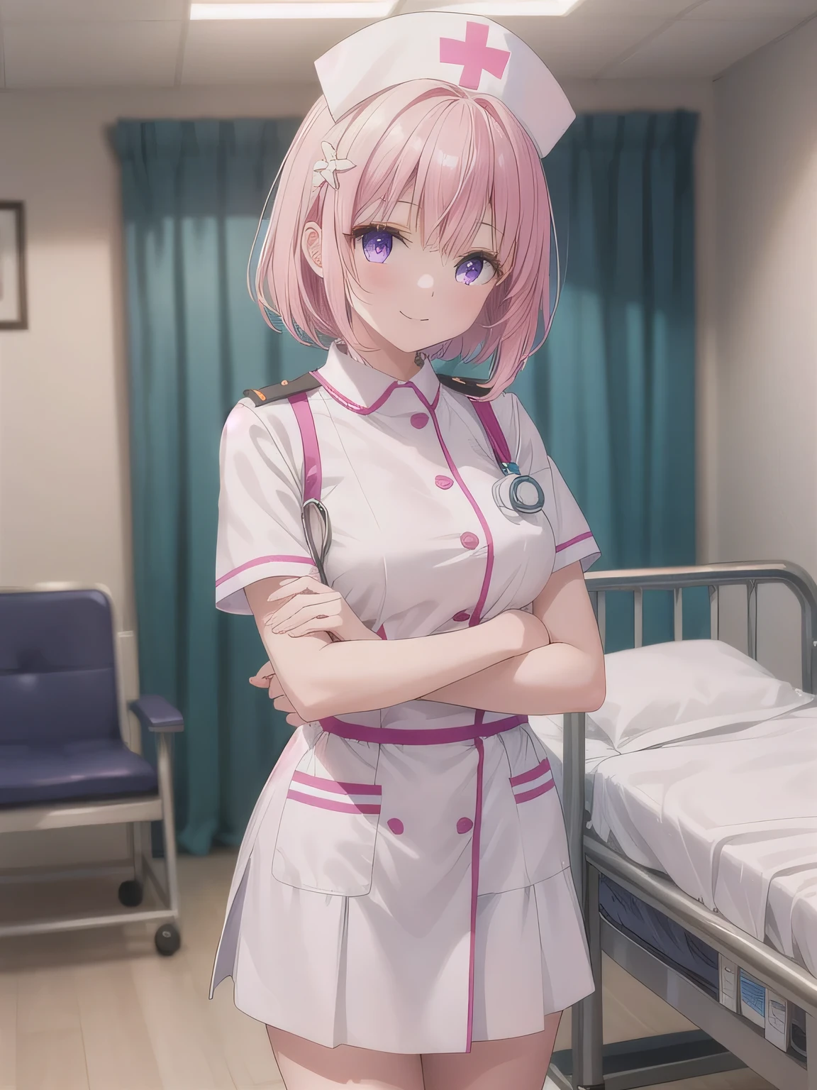 1woman, solo, nurse, nurse cap, white wear, ((white legwear, zettai ryouiki)), white gloves, long hair, purple hair, red eyes, pink lips, smile, standing, ((hospital room)), sharp outline, short sleeves, mature female, 35 years old, best quality, masterpiece