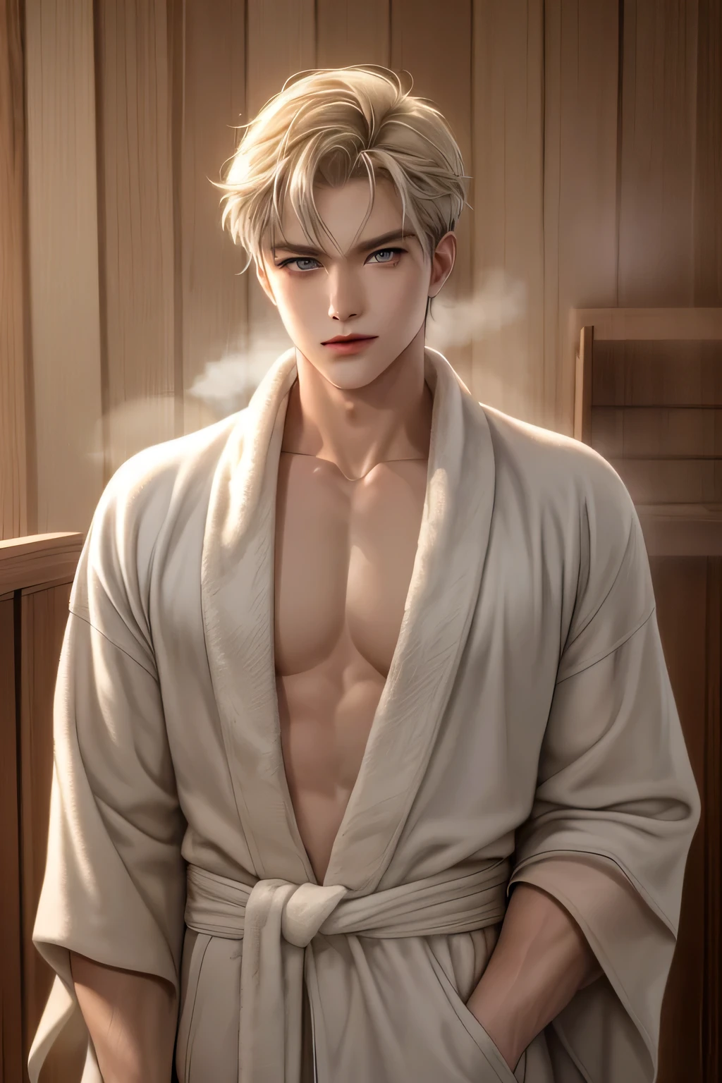 Make a young man in white robe outfit with straight white hair and blue eyes