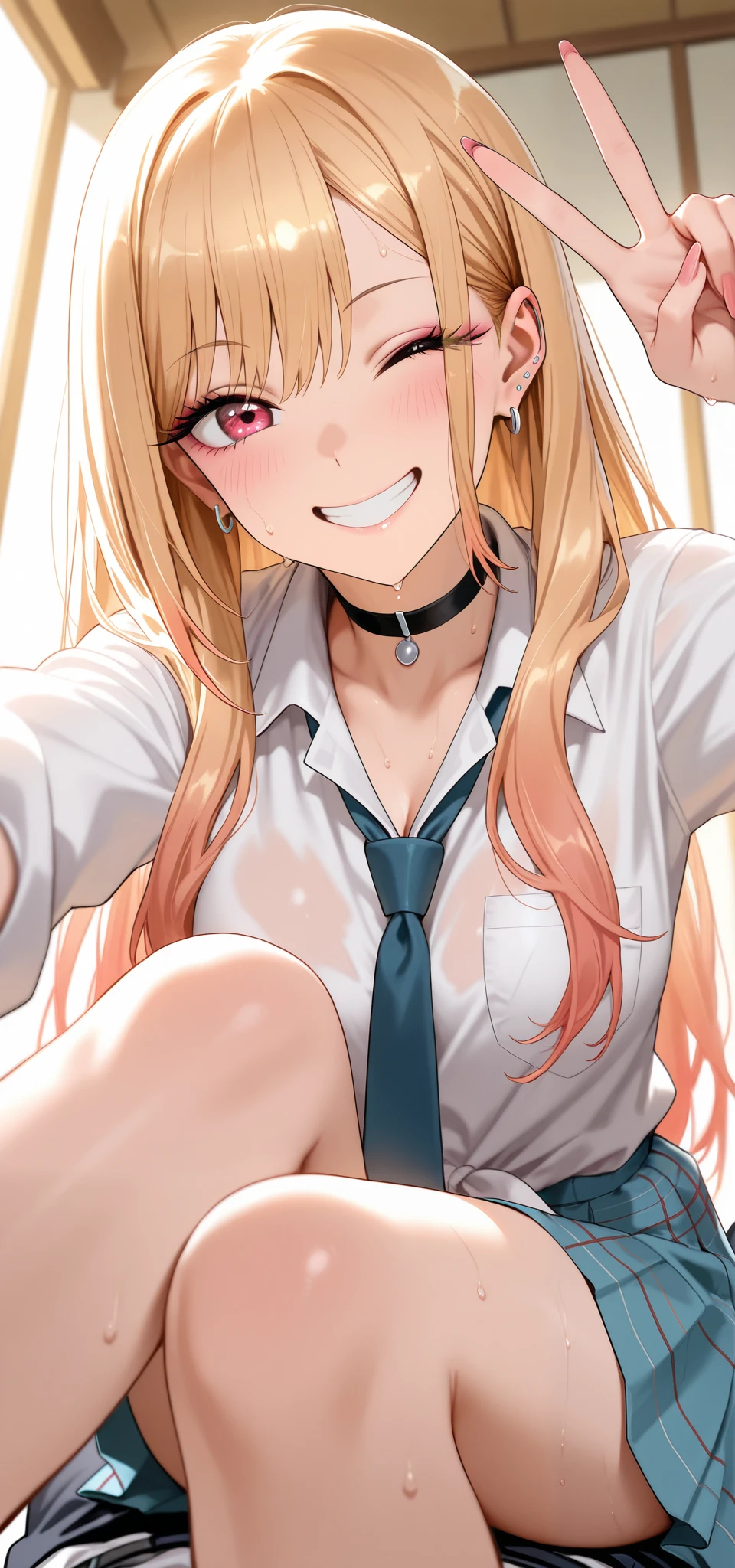 1girl, kitagawa marin, sono bisque doll wa koi wo suru, blonde hair, long hair, ear piercing, barbell piercing, black choker, collared shirt, white shirt, earrings, blue necktie, wink, grin, v, sweating, soft light, high detailed, best quality, sitting, sitting on a man body, leaning forward, open legs, bedroom, POV, man from below