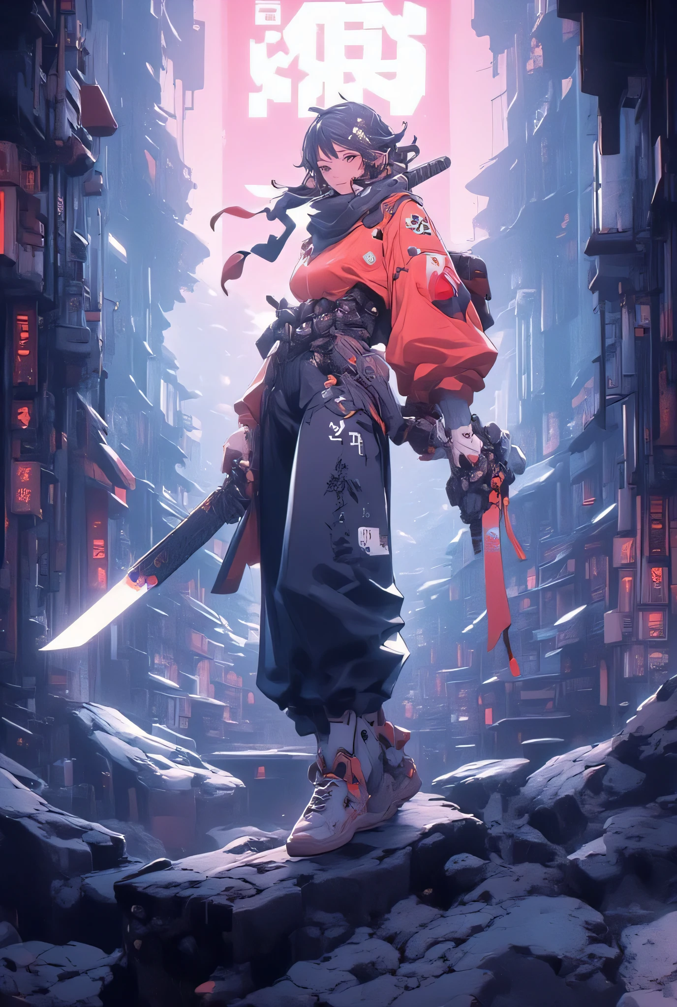 ((Anime art style illustration ) of ( Perfect of Asian Cyberpunk Girl ))), ((( Wears extremely fine and intricate cyberpunk samurai armor))), (( LED lights )), ( Invisible of Long Hair ), Perfect of Characteristics , ((((Full image)  dynamic pose on mountains))), (((Starship interior))),  Abstract Beauty , Almost perfect, Pure Form, Concept map, Intricate of details, 8K Post-production,   high resolution  ,  super detailed ,  Art Studio Trends ,   sharp focus , Studio photos, Intricate of details,  Very Detailed.