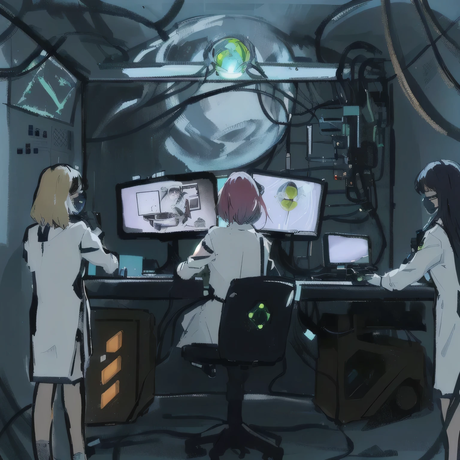 (perfect composition), (high resolution, masterpiece, ultra best quality, insanely amazing hyper fine extremely detailed, official:1.4)( full body, 80's horny milf hacker anime girl in lingerie sitting at a desk with a vintage computer, seductive hacker anime girl in lingerie, retro cyberpunk anime, 80's cyberpunk anime girl in lingerie, digital cyberpunk anime!!, best anime 4k konachan wallpaper, (anime girl with green teal short hair), 90's anime style in 4 k, mega man legend art ,black latex lingerie, black lace lingerie, 80's, multiple old computer , serial experiments lain room,  high degree electronic laboratory, lots of old computer hardware, surrounded by old computer screen, a lots of cable wires, octane rendering, colorful contrast, unadorned, dark computer room, night, betterHands 