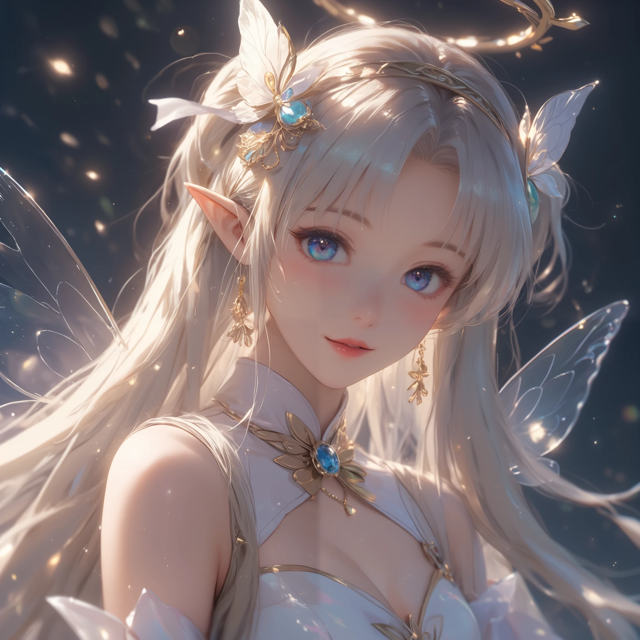 可愛い笑顔のピンクの髪と青いドレスを着たFairyのクローズアップ, Digital art by Marie Angel, CG Societyでトレンド,  fantasy art, 美しいFairy, 美しいFairys, 青い翼を持つダークブルーのFairyと森の金色のドレスを背景に、ホタルのいるFairy , 美しいFairy, Fairy, 美しい大人のFairy, Fairyの肖像画, Fairy a magnificent , Fairyの肖像画, Fairyの美学, Fairyキャラクター