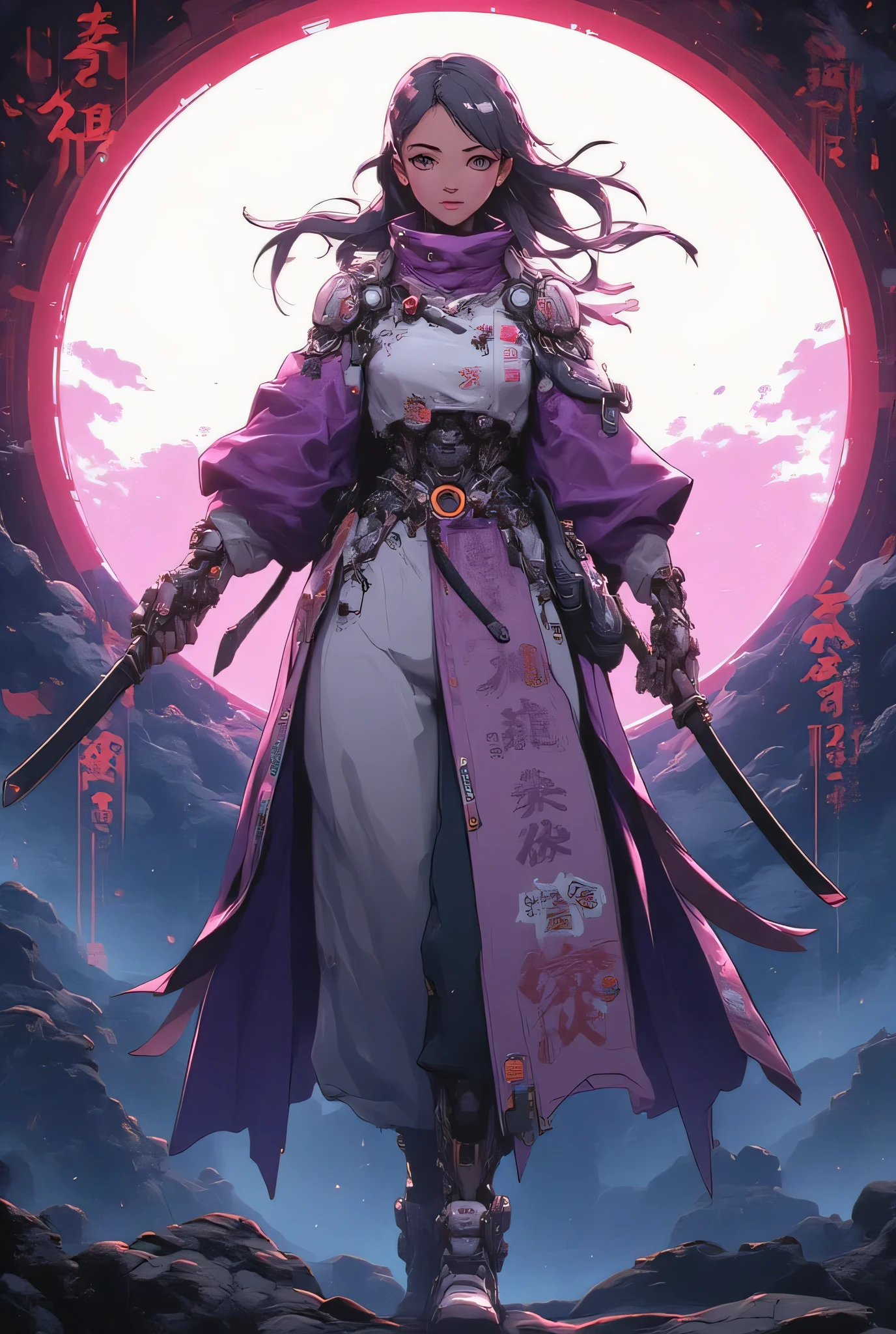 ((Anime art style illustration ) of ( Perfect of Asian Cyberpunk Girl ))), ((( Wears extremely fine and intricate cyberpunk samurai armor))), (( LED lights )), ( Invisible of Long Hair ), Perfect of Characteristics , ((((Full image) dynamic pose on mountains))), (((Starship interior))), Abstract Beauty , Almost perfect, Pure Form, Concept map, Intricate of details, 8K Post-production, high resolution , Super Detailed , Art Studio Trends , sharp focus , Studio photos, Intricate of details, Very Detailed.