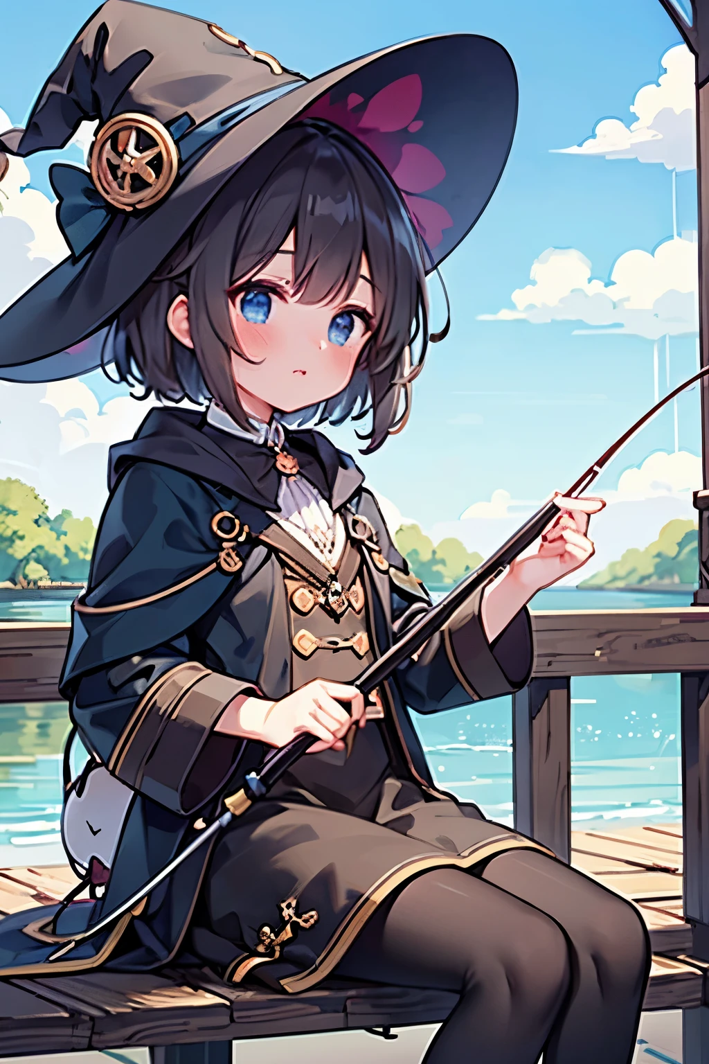 ( best quality :1.2)。steampunk。 one girl。 e Witch 。Holding a fishing rod in your hand。 fishing on the bridge。Sleepy face。Warm spring afternoon sunshine 。blue sky。 White Clouds 。