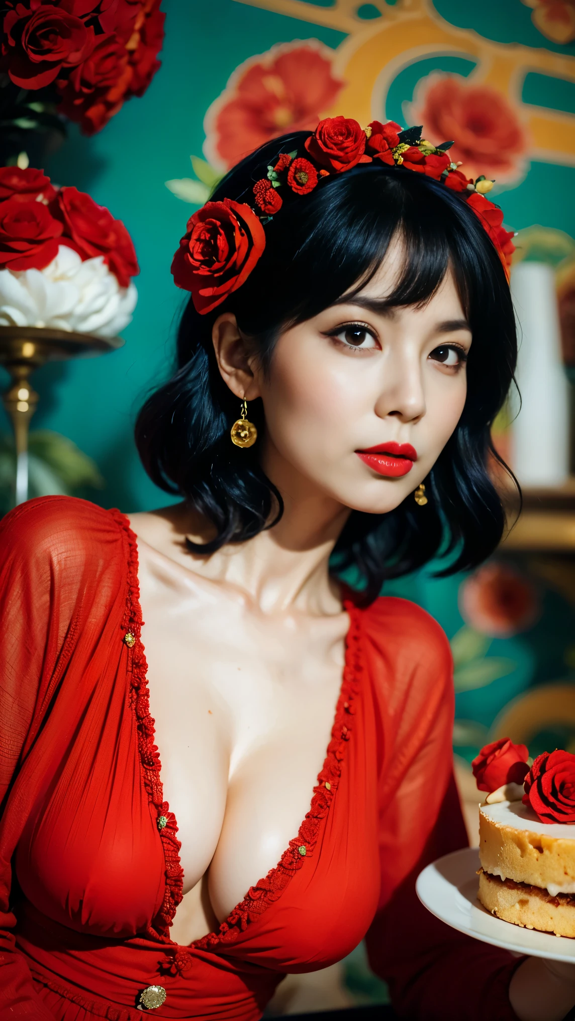 Mujer arafed con vestido rojo tirada en el suelo con rosas, jingna zhang, shaxi, lu ji, obra de arte de rei kawakubo, ropa roja, vistiendo un cheongsam rojo, adornos rojos, todo rojo, xuehan, al rojo vivo, en fondo rojo, ishioka eiko, color rojo dominante, Lulu Chen, cheongsam