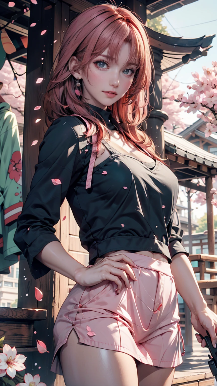 gwen tennyson, 1girl,military uniform,japan, kimono,steel armor,green eyes,garter belt, thigh high boots,short hair,orange hair,moonlight,cherry blossom,shy smile,white striped top,bodycon skirt,freckles,redhead,beautiful girl,large breasts,ultra detailed,realistic,pilot scarf, wet clothes, wet body, from behind, Huge perfect ass,