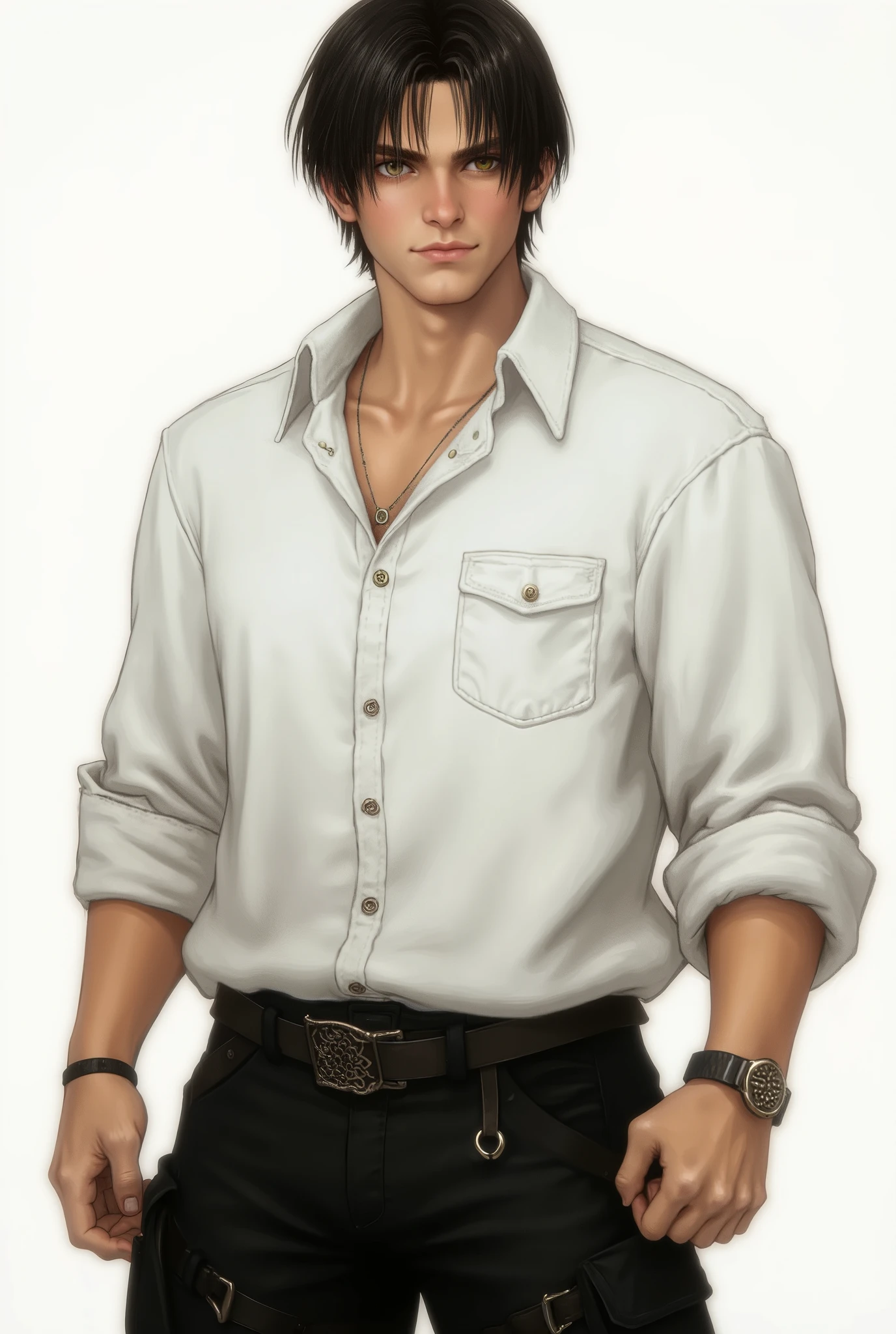 Drawn in a realistic RPG style, set in a medieval apocalyptic setting. Delta is a young Latino man, short, straight dark hair, and dark brown eyes. He wears a white dress shirt and black cargo pants. His personality is cheerful, intelligent, determined, and a leader. His most striking feature is his beautiful smile and naturally strong physique. He has a nice build, large chest, medium shoulders, medium waist, and thick thighs. He is 1.74 meters tall.
