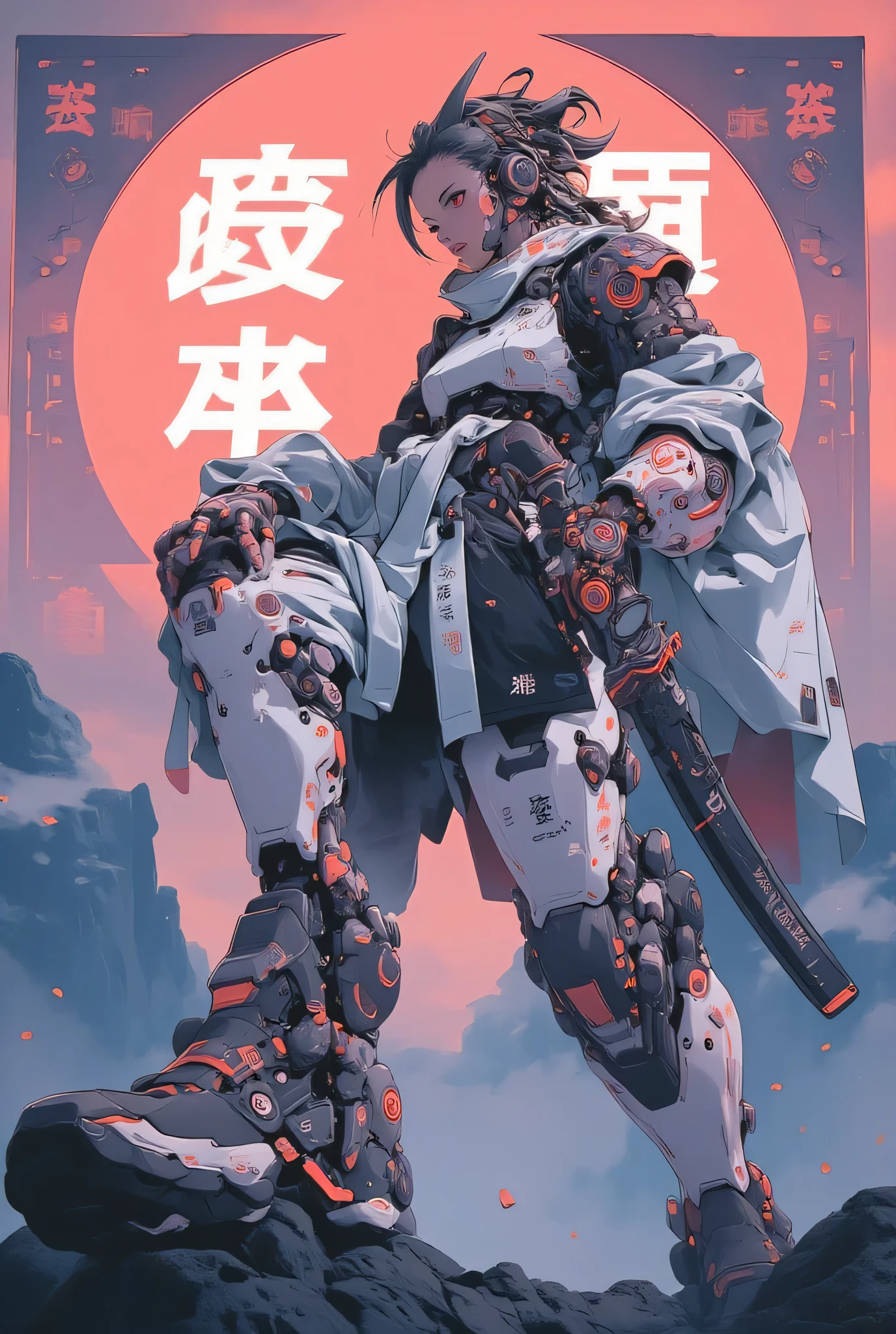 ((Anime art style illustration ) of ( Perfect of Asian Cyberpunk Girl ))), ((( Wears extremely fine and intricate cyberpunk samurai armor))), (( LED lights )), ( Invisible of Long Hair ), Perfect of Characteristics , ((((Full image) dynamic pose on mountains))), (((Starship interior))), Abstract Beauty , Almost perfect, Pure Form, Concept map, Intricate of details, 8K Post-production, high resolution , super detailed , Art Studio Trends , sharp focus , Studio photos, Intricate of details, Very Detailed.