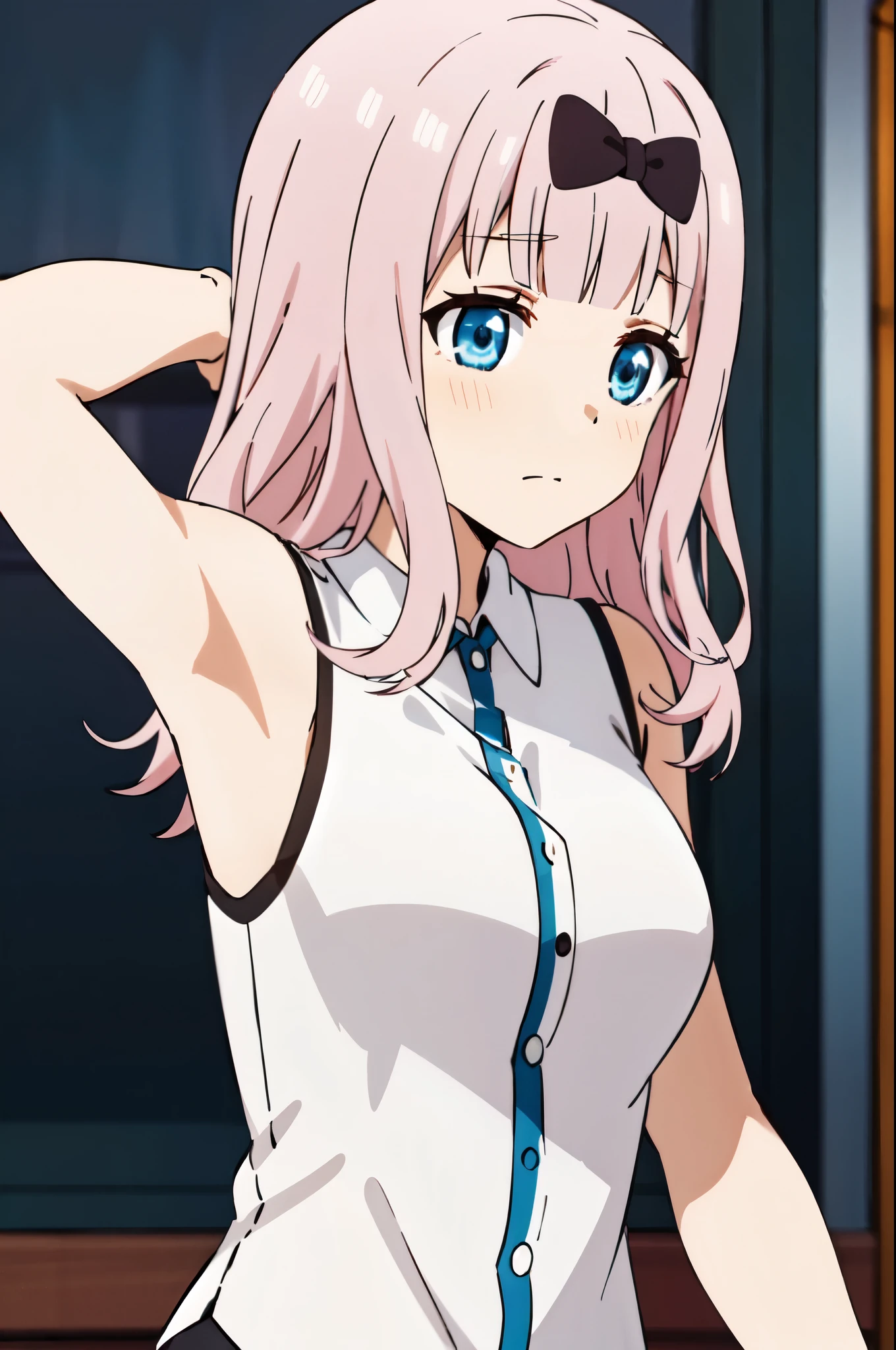 Fujiwara Chika (Together),
1 , Alone,
pink hair, blue eyes, long hair,
Hair bow, Wearing a sleeveless shirt, showing armpit .