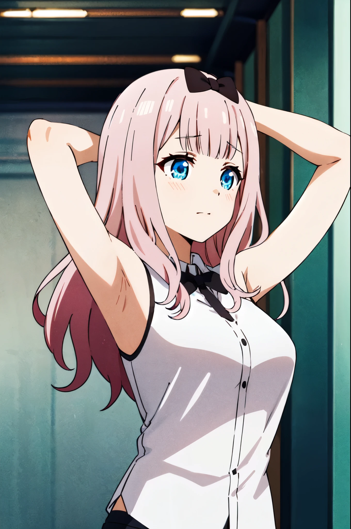Fujiwara Chika (Together),
1 , Alone,
pink hair, blue eyes, long hair,
Hair bow, Wearing a sleeveless shirt, showing armpit .