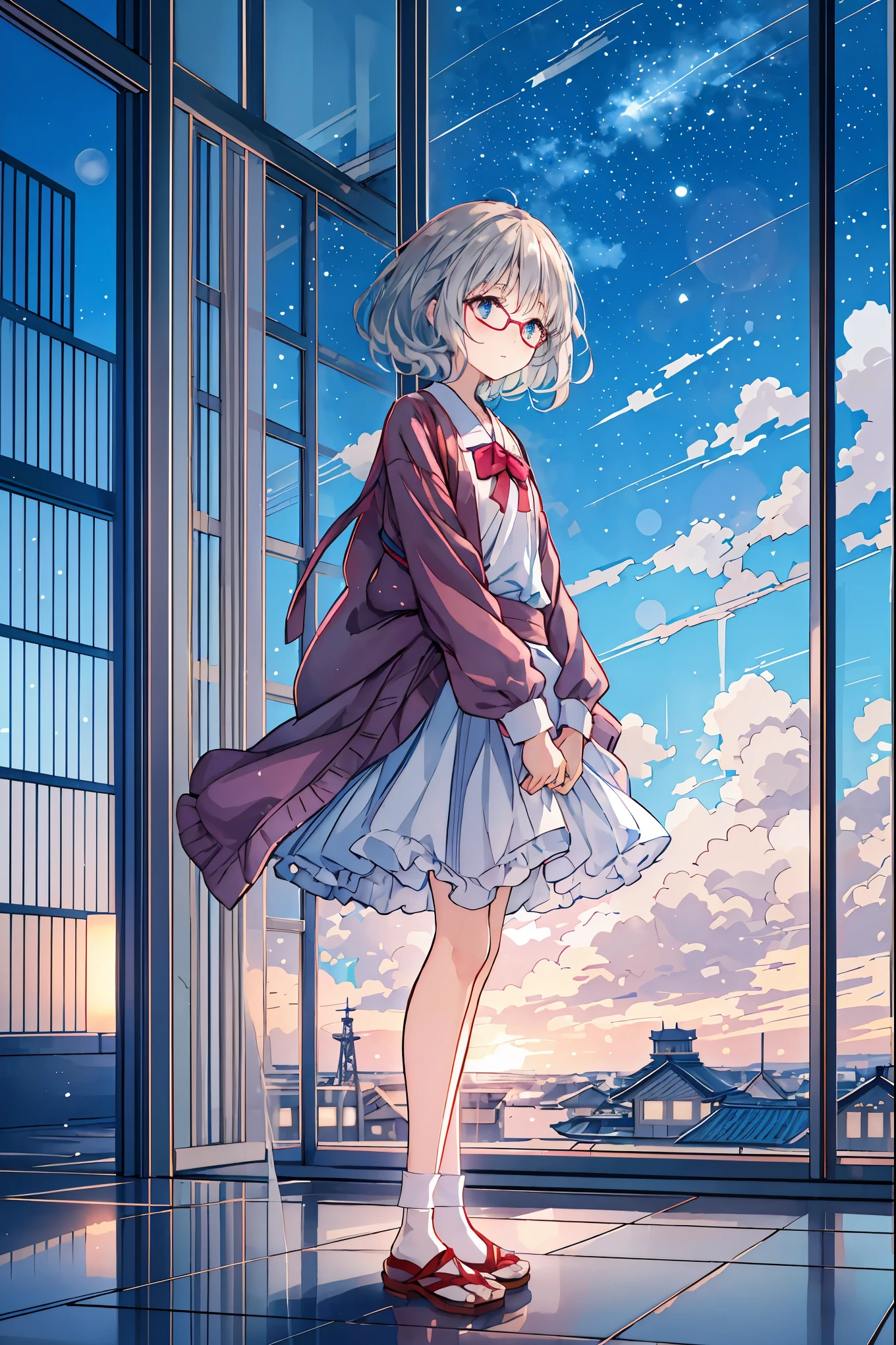 Moonlight 、 anime-like 、night、Exterior of the building、Japan Housing、 beautiful sky、 Details、 beautiful、background、 tea hair, shortcuts, unkempt hair,Short braided hair,Neat, slender beautiful woman,Correct posture,Small chest, beautiful脚, has enchanting gray-blue eyes shining like stars,Droopy eyes, bright color, beautiful目,A delicate smile,Textured Skin, Best Quality at its Best ,優しくて beautiful女性, anime style、