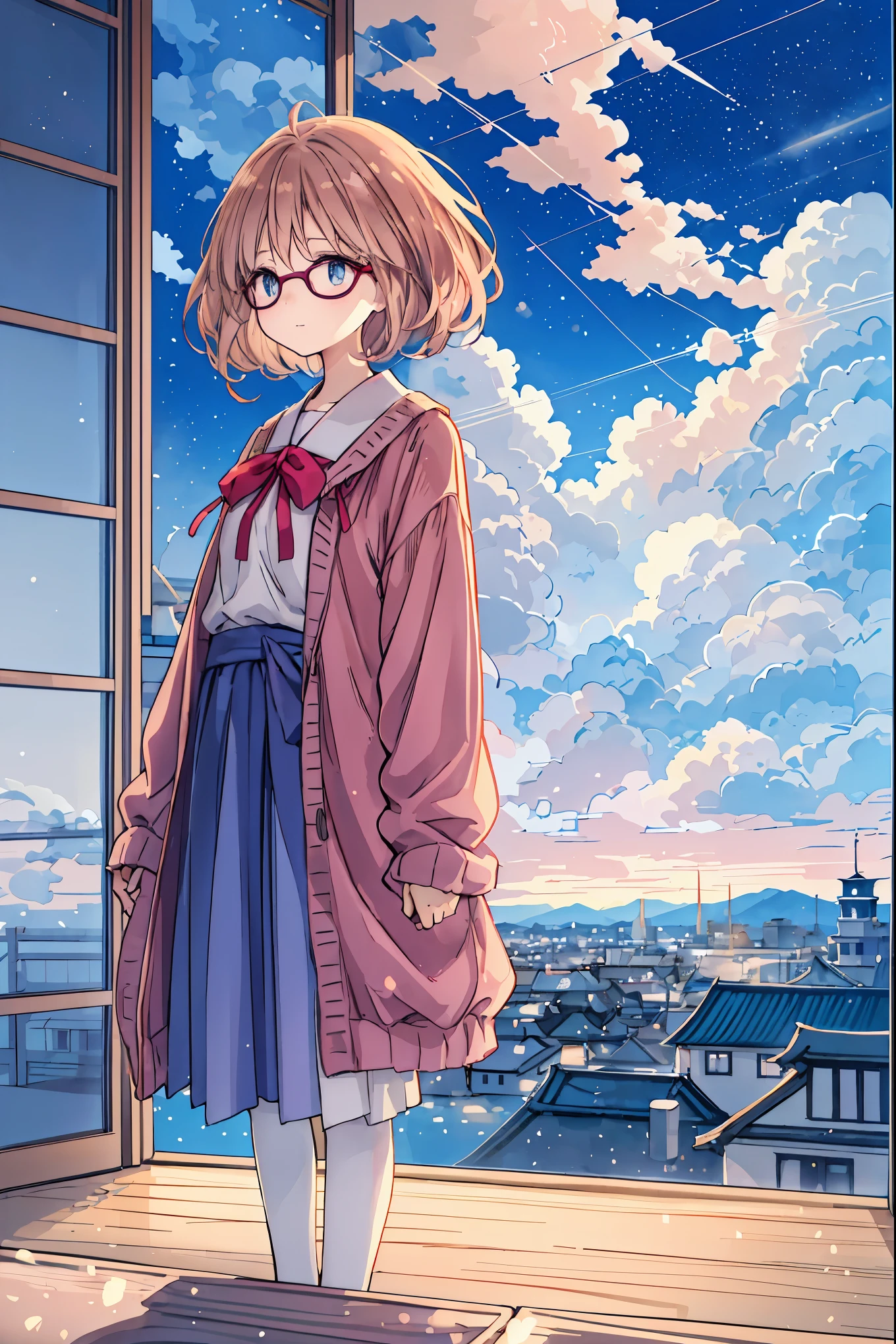 Moonlight  、 anime-like 、night、Exterior of the building、Japan Housing、 beautiful sky、  Details、 beautiful、background、 tea hair， shortcuts ， unkempt hair，Short braided hair，Neat， slender beautiful woman，Correct posture，Small chest， beautiful脚， has enchanting gray-blue eyes shining like stars，Droopy eyes， bright color, beautiful目,A delicate smile,Textured Skin, Best Quality at its Best ,優しくて beautiful女性, anime style､