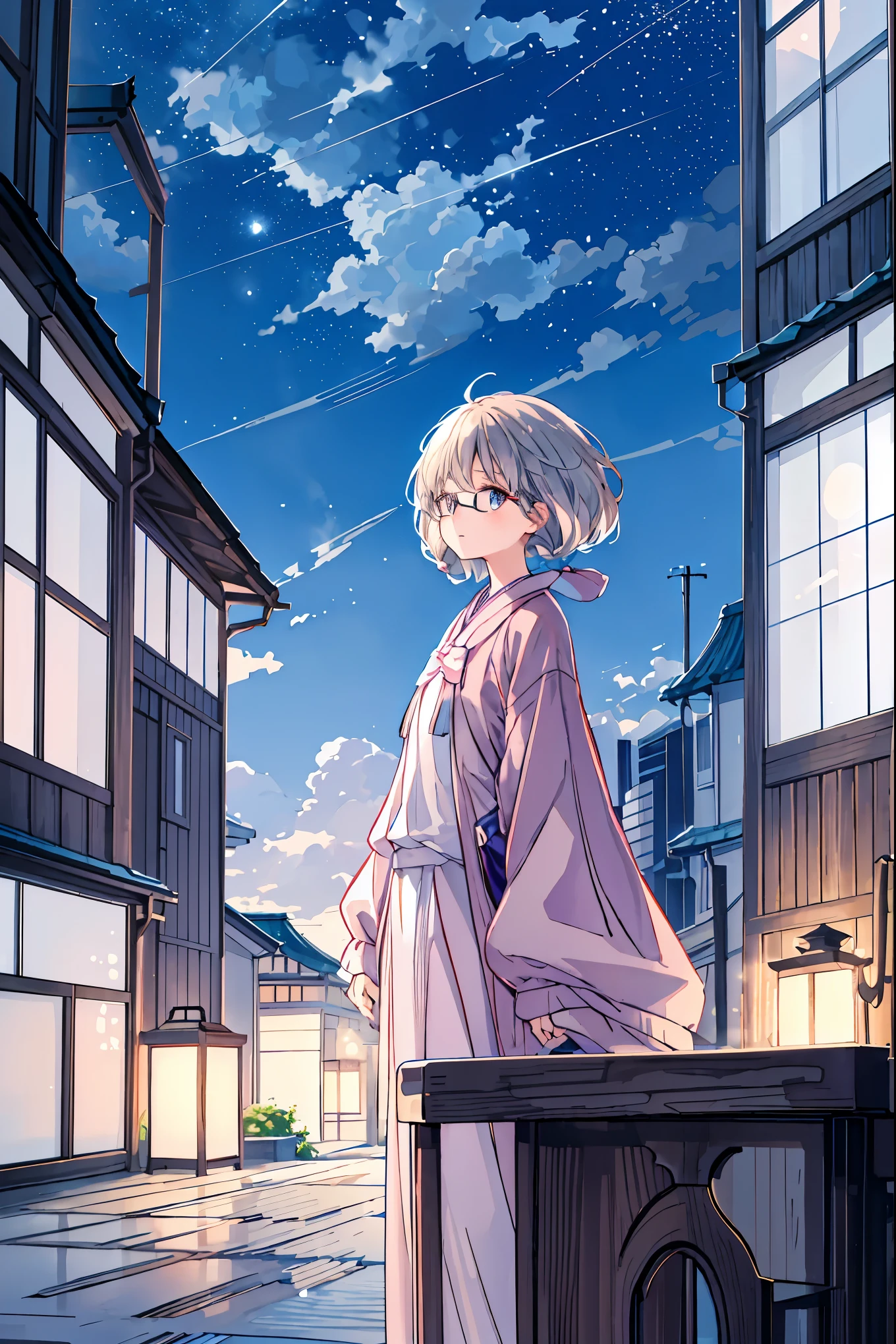 Moonlight 、 anime-like 、night、Exterior of the building、Japan Housing、 beautiful sky、 Details、 beautiful、background、 tea hair, shortcuts, unkempt hair,Short braided hair,Neat, slender beautiful woman,Correct posture,Small chest, beautiful脚, has enchanting gray-blue eyes shining like stars,Droopy eyes, bright color, beautiful目,A delicate smile,Textured Skin, Best Quality at its Best ,優しくて beautiful女性, anime style、