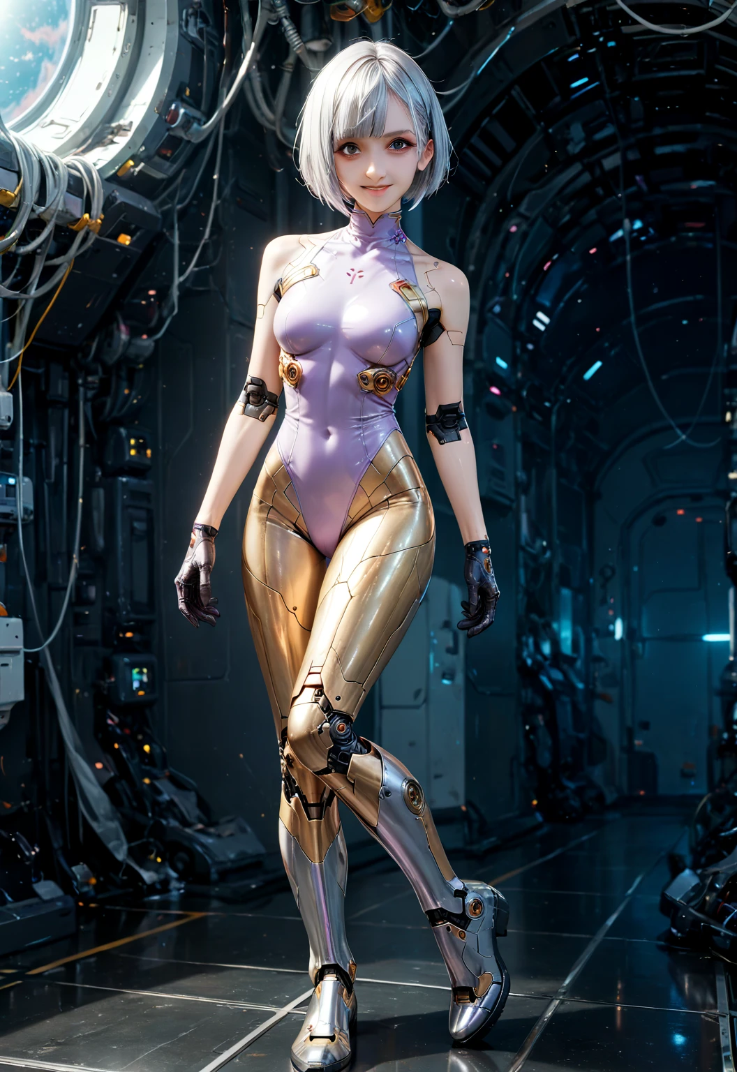 1girl, in cyberpunk power, standing with cyborg create-for-fight leg,just obey to master,servant,pink short hair,mindless,destroy everything,cyborg,mad smileextremely detailed, intricate, super-detailed, (perfect face), illustration,soft lighting,(mirror lighting:1.4),red eyes,absurd,blank eye,splatter blood,marionnet,looking to the side, short hair, prosthesis, mechanical arms, synthetic skin, porcelain, pearl, holographic, titanium, diamond, ruby, sapphire, gemstones, clockwork, grunge, worn edges