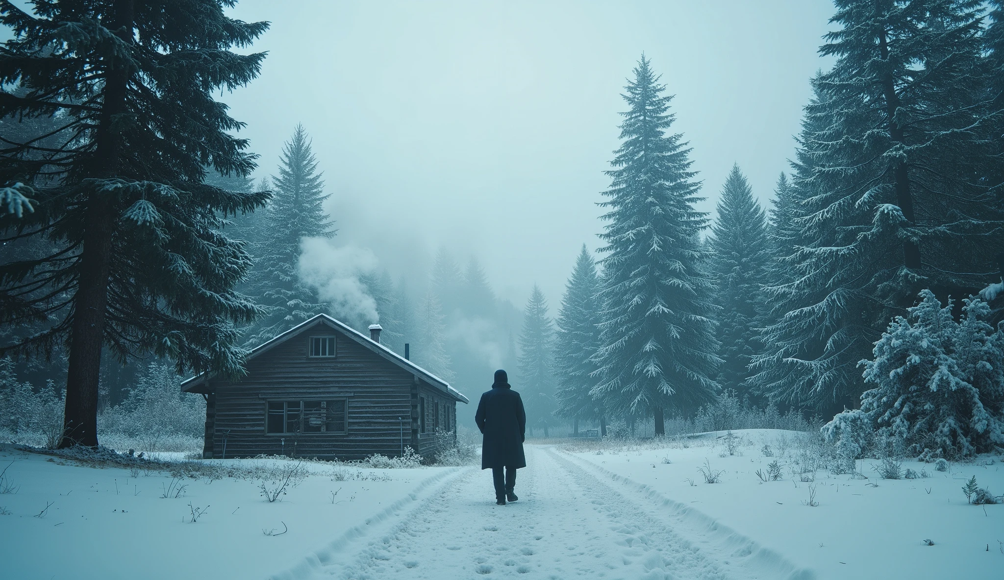 An artistic representation of the concept 'Who?' depicted in a serene snowy landscape. A lone figure stands near a rustic wooden cabin with smoke rising from the chimney, surrounded by tall evergreen trees. The figure is silhouetted and mysterious, gazing into the dense, misty pine forest in the background. The snow-covered ground and muted colors of the overcast sky enhance the enigmatic atmosphere, creating a cinematic and nostalgic feel. The scene invites contemplation, evoking curiosity about the figure's identity and purpose.