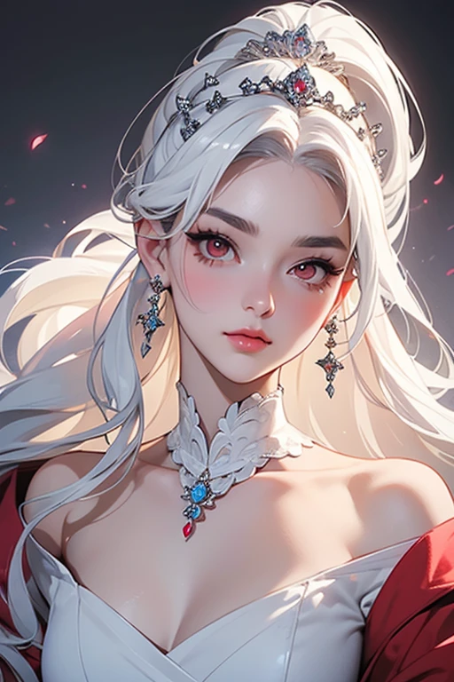 (masterpiece, top quality, best quality, official art, enchanting and aesthetic:1.2), 1female, white silver hair, royal braided hair, violet eyes, white and red dress, red and gold jewelry, high quality details, 4k eyes, white hair, silver white hair, long hair