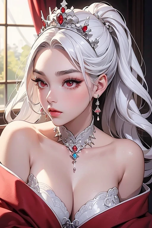 A detailed anime-style illustration. Young woman with long, flowing platinum blonde hair. Intense and captivating expression with piercing red eyes and a slight blush on her cheeks. She is looking directly at the viewer. Wearing an elegant, form-fitting white outfit with intricate silver patterns and red gem accents. The outfit includes a high-neck collar and decorative embroidery. She has red gemstone earrings and a matching necklace. The background is a soft gradient with light grey and white tones, with subtle lighting effects that highlight her hair and outfit. Her pose is confident, with one arm slightly raised and the other resting by her side. The overall appearance is regal and striking, with a focus on the intricate details and glowing elements of her clothing.
