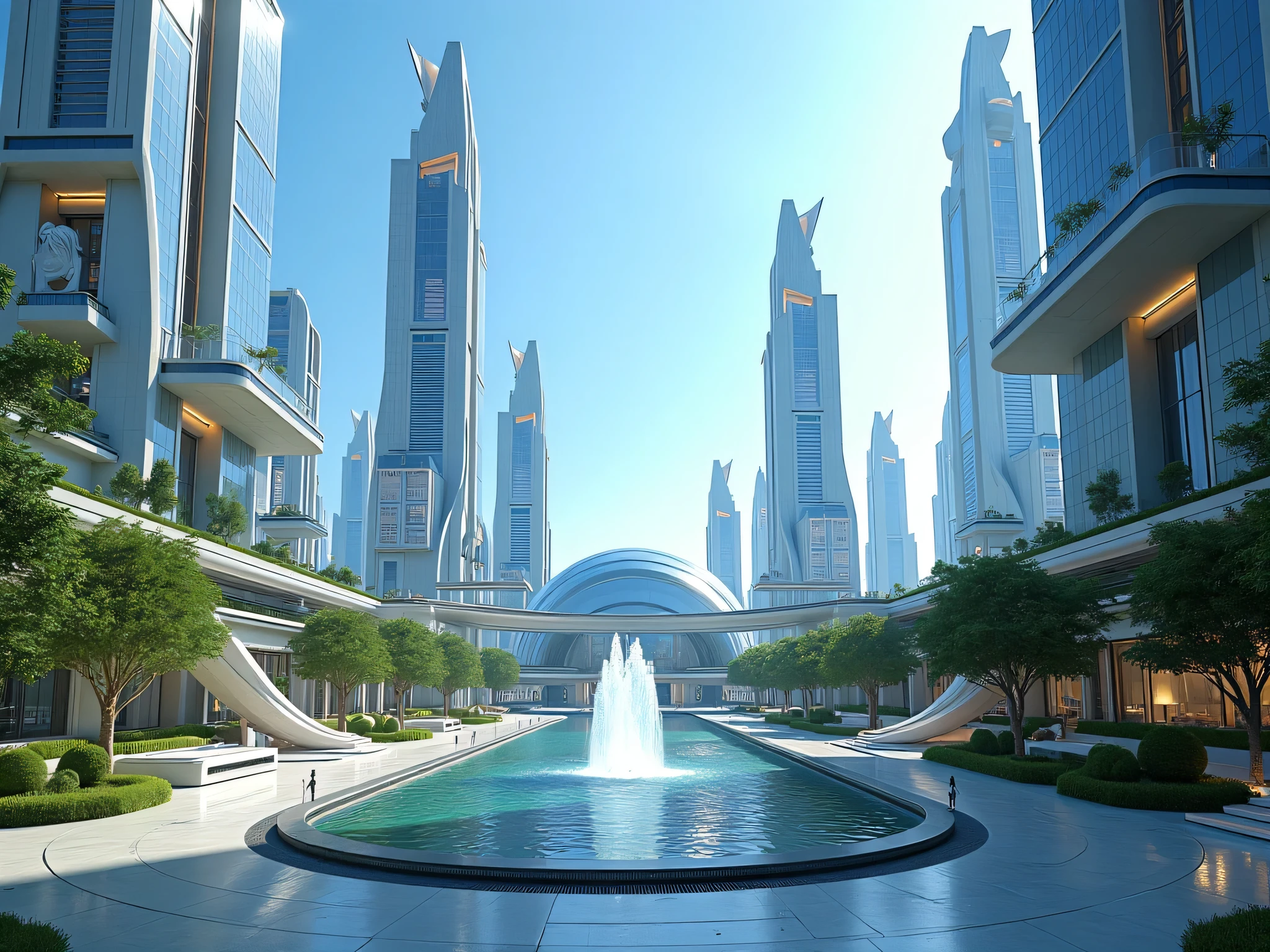 A stunning futuristic cityscape under a bright, clear blue sky, devoid of people or robots, emphasizing serene architectural beauty. Towering skyscrapers with sleek, curved designs and shimmering glass facades reflect the sunlight, interspersed with vertical gardens and cascading waterfalls. Advanced structures with glowing energy conduits and solar panels integrate seamlessly with the environment. Hovering walkways and transparent skybridges connect the buildings, creating an intricate web of pathways. The streets below are wide, pristine, and lined with lush, perfectly maintained greenery, featuring glowing benches and streetlights. A central plaza showcases a crystalline fountain with water flowing in zero-gravity arcs, surrounded by modernist sculptures. In the background, a vast, glistening dome encloses a part of the city, reflecting the sunlight like a giant prism. The entire scene is tranquil and pristine, showcasing a harmonious fusion of advanced technology and natural elements.
