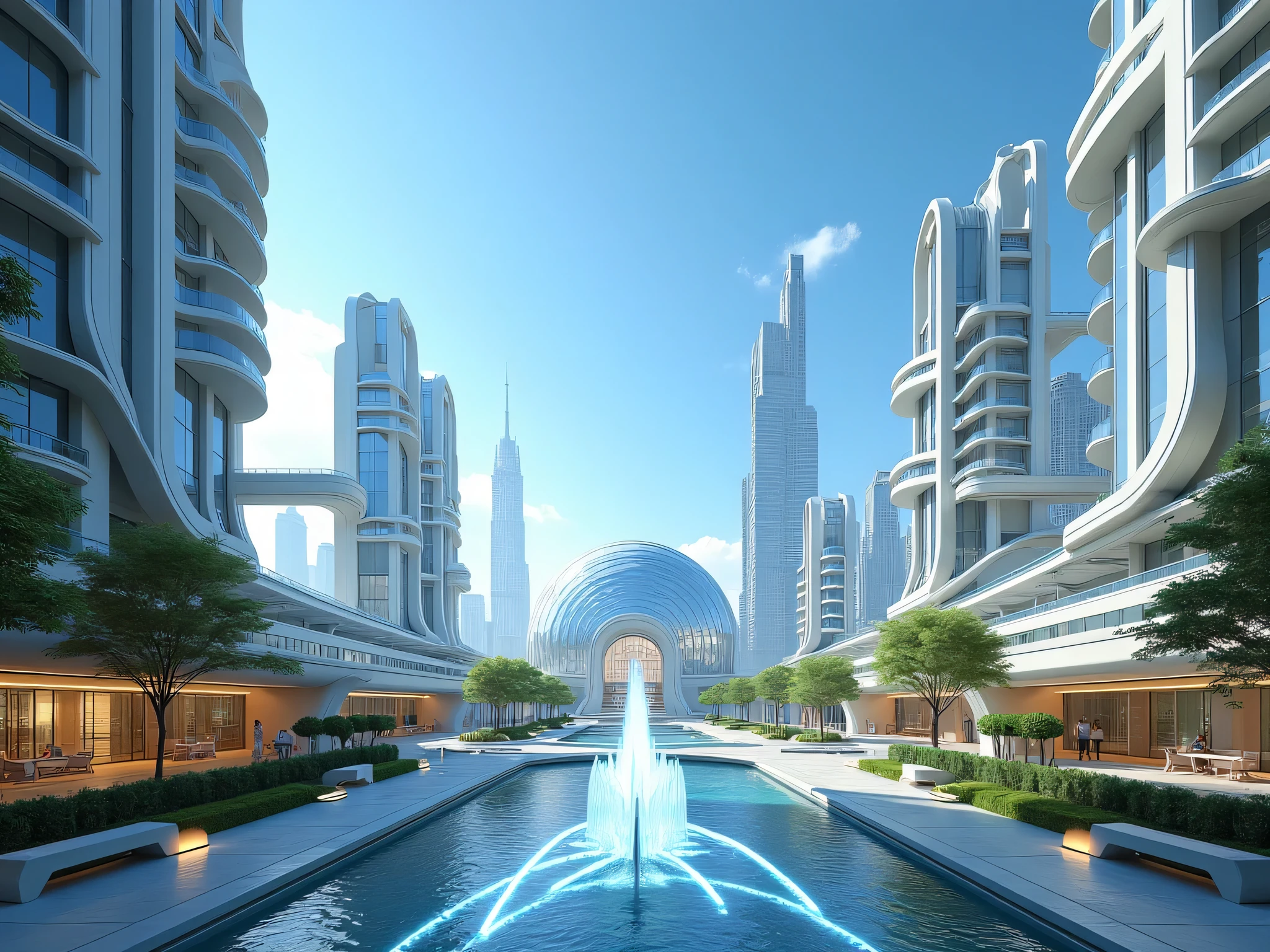A stunning futuristic cityscape under a bright, clear blue sky, devoid of people or robots, emphasizing serene architectural beauty. Towering skyscrapers with sleek, curved designs and shimmering glass facades reflect the sunlight, interspersed with vertical gardens and cascading waterfalls. Advanced structures with glowing energy conduits and solar panels integrate seamlessly with the environment. Hovering walkways and transparent skybridges connect the buildings, creating an intricate web of pathways. The streets below are wide, pristine, and lined with lush, perfectly maintained greenery, featuring glowing benches and streetlights. A central plaza showcases a crystalline fountain with water flowing in zero-gravity arcs, surrounded by modernist sculptures. In the background, a vast, glistening dome encloses a part of the city, reflecting the sunlight like a giant prism. The entire scene is tranquil and pristine, showcasing a harmonious fusion of advanced technology and natural elements.