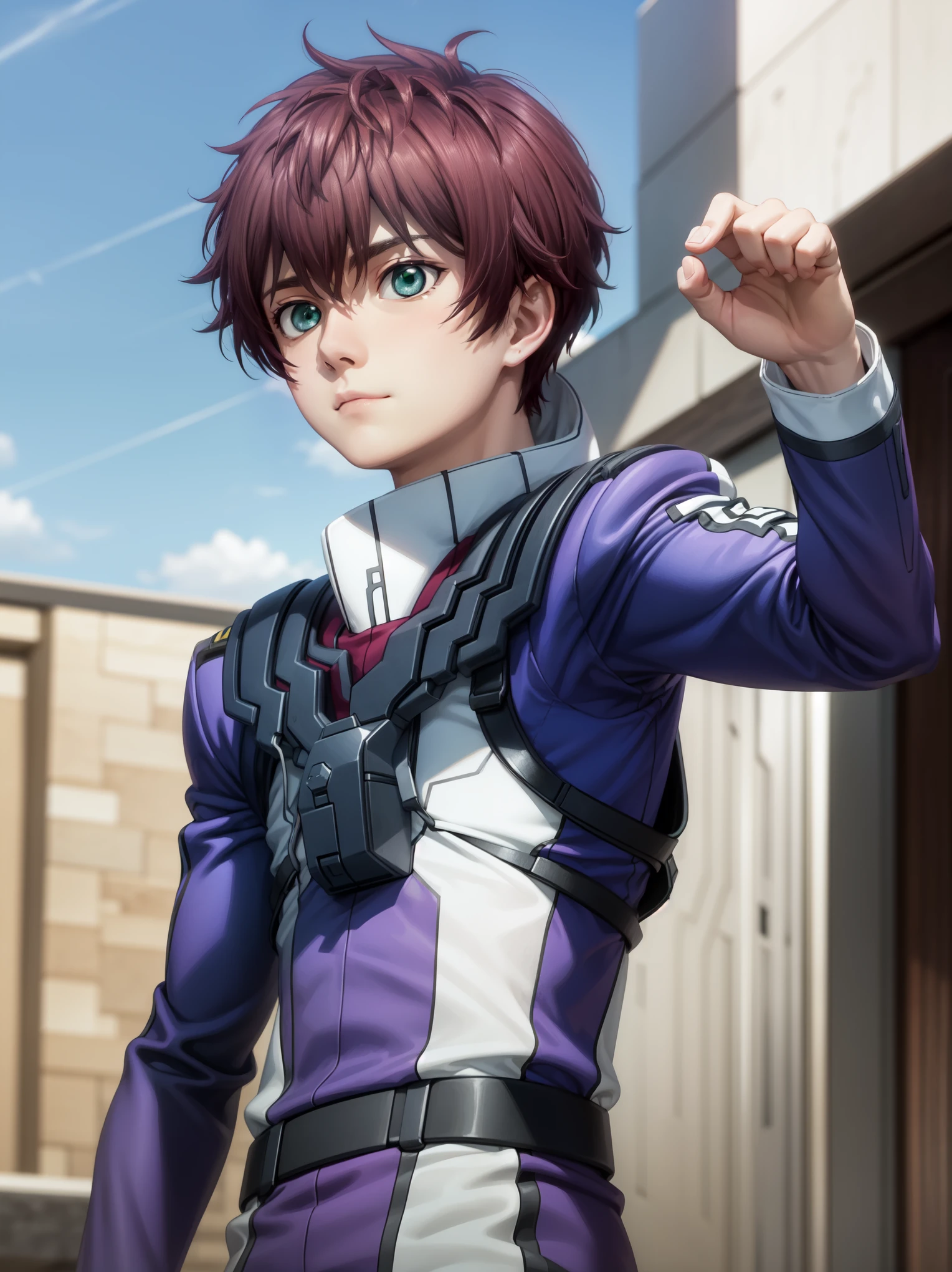 fromm vantarhei\(buddy complex\),1boy, solo,brown hair, green eyes,wears pilot suit,standing,outdoors,daytime,blue sky,calm expression,full shot,