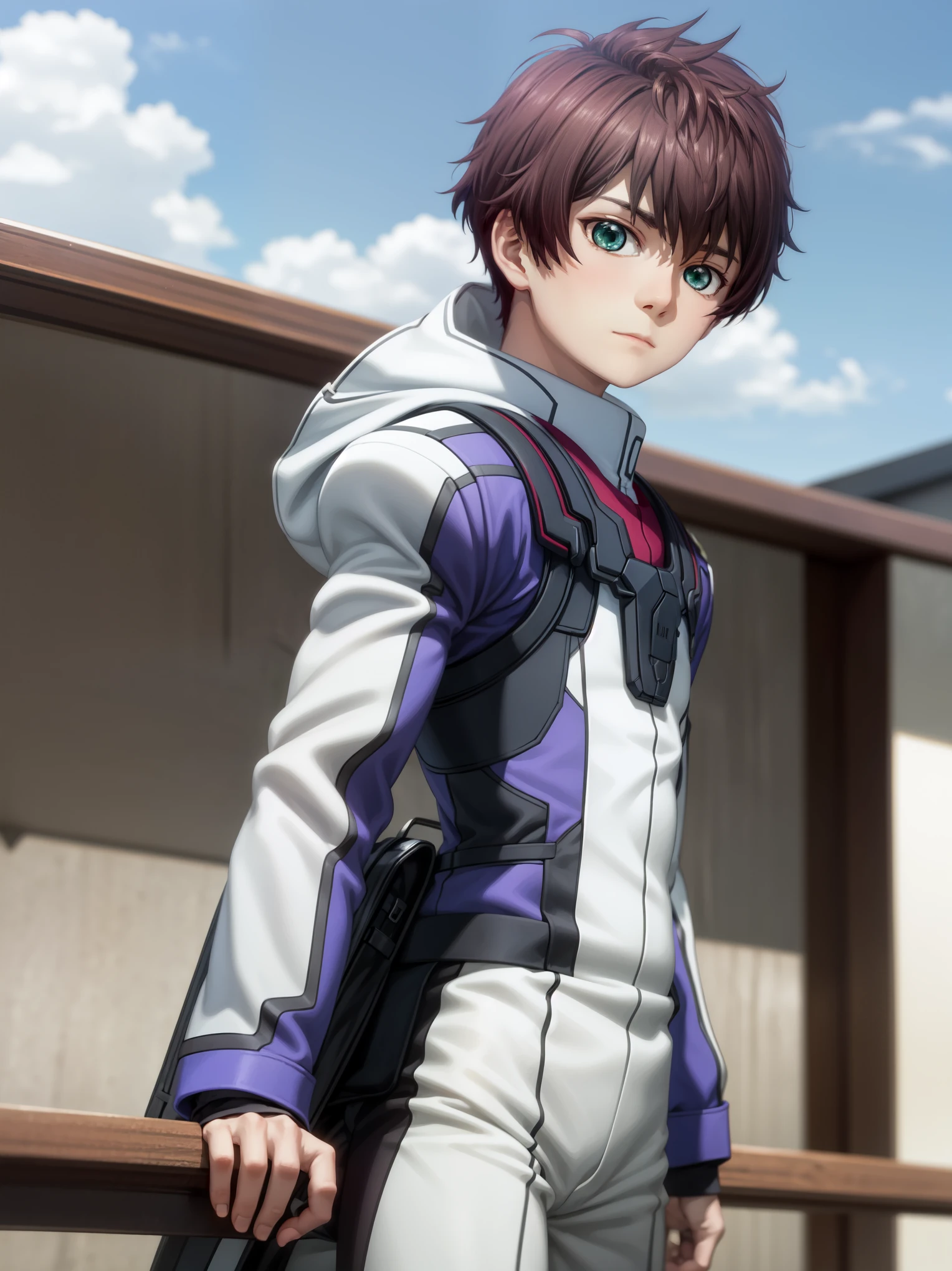 fromm vantarhei\(buddy complex\),1boy, solo,brown hair, green eyes,wears pilot suit,standing,outdoors,daytime,blue sky,calm expression,full shot,