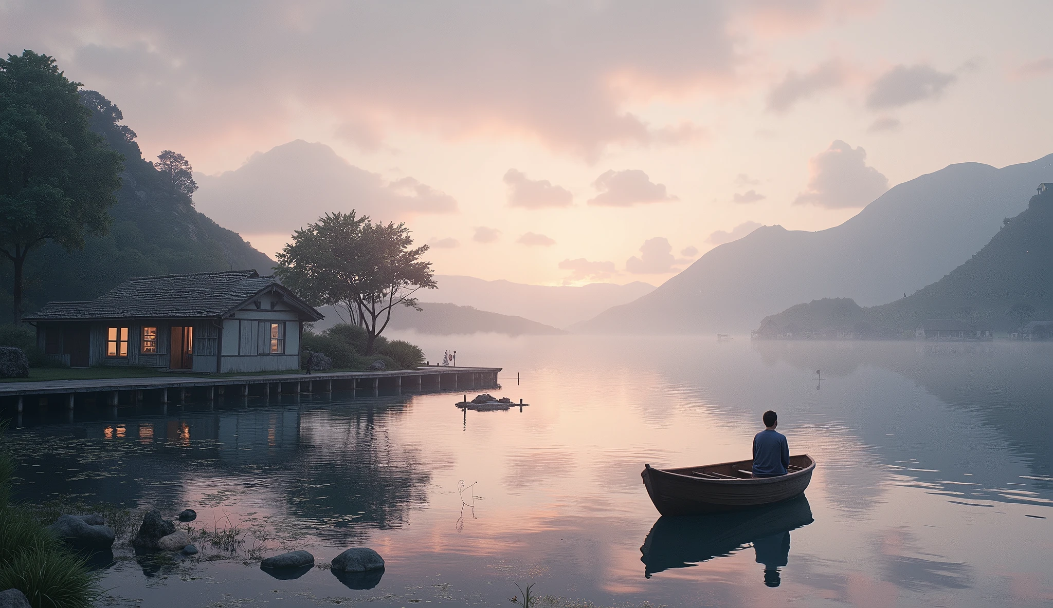 A symbolic depiction of the concept 'Someday,' set in a tranquil seaside village at dusk. A small wooden boat rests on the calm, reflective water near a weathered dock, with soft, golden light streaming from the windows of a quaint cottage on the shoreline. In the distance, rolling hills fade into mist under a pastel sky of soft pinks and purples. A lone figure sits on the dock, gazing toward the horizon as if dreaming of the future. The scene is cinematic and nostalgic, with muted tones and a peaceful, wistful atmosphere that evokes hope and longing.