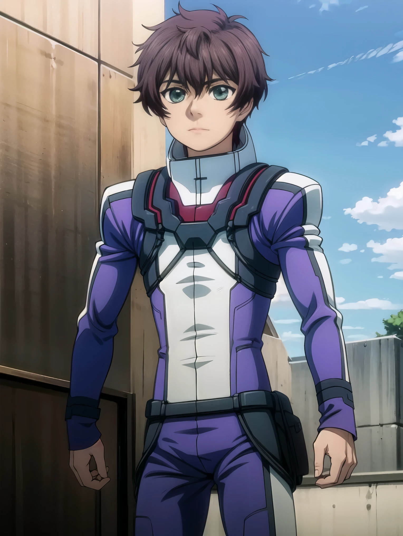 fromm vantarhei\(buddy complex\),1boy, solo,brown hair, green eyes,wears pilot suit,standing,outdoors,daytime,blue sky,calm expression,full shot,