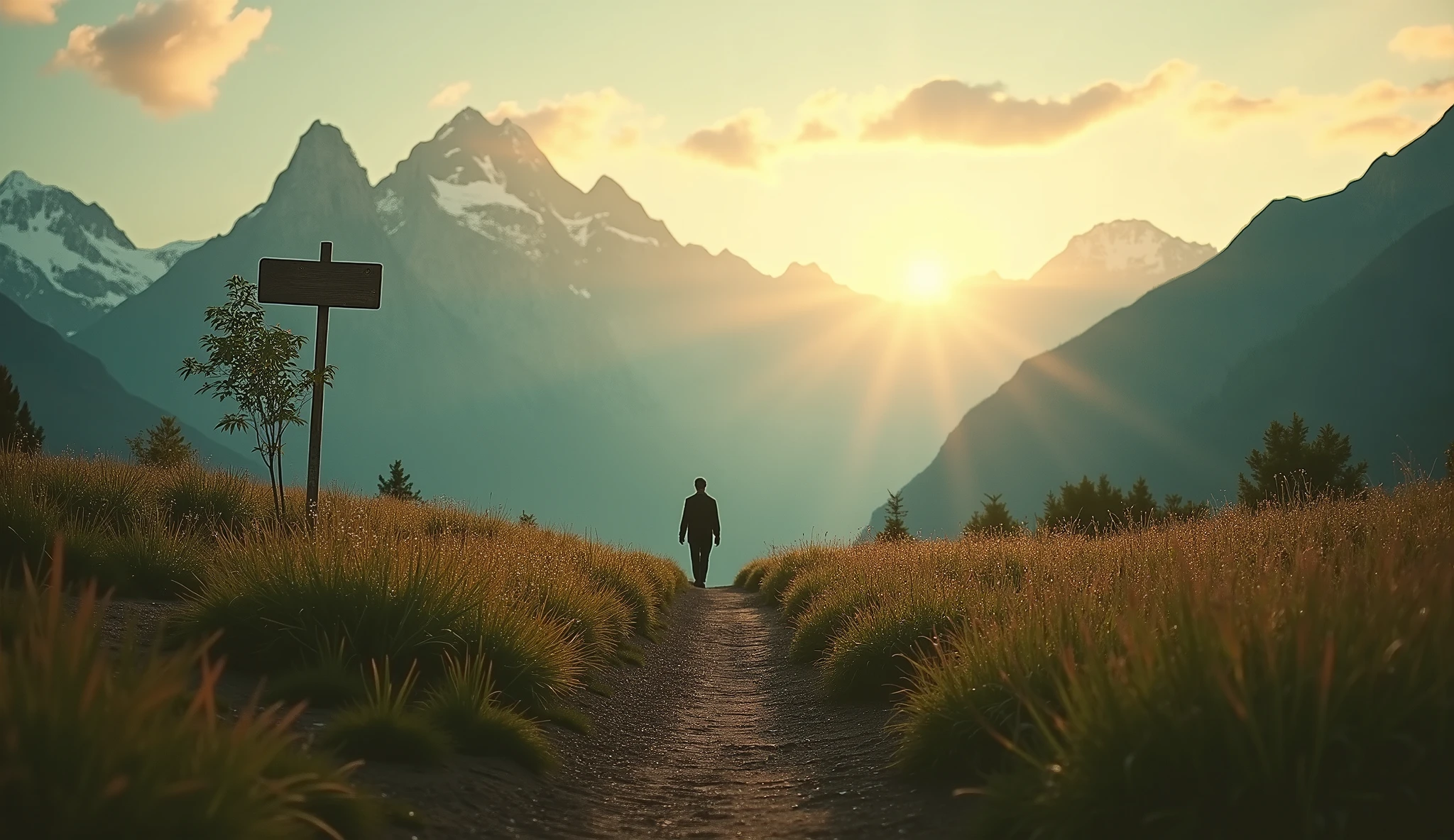 A symbolic portrayal of the concept 'Becoming,' set in a serene mountain meadow at dawn. A narrow dirt path winds through the lush grass, leading toward a majestic mountain range illuminated by the soft, golden light of the rising sun. Along the path, a sapling grows beside a weathered signpost, symbolizing growth and transformation. In the distance, a figure walks toward the mountains, their silhouette framed by the glowing sky. The scene is cinematic and nostalgic, with muted colors and a tranquil atmosphere that evokes a sense of journey, progress, and self-discovery.