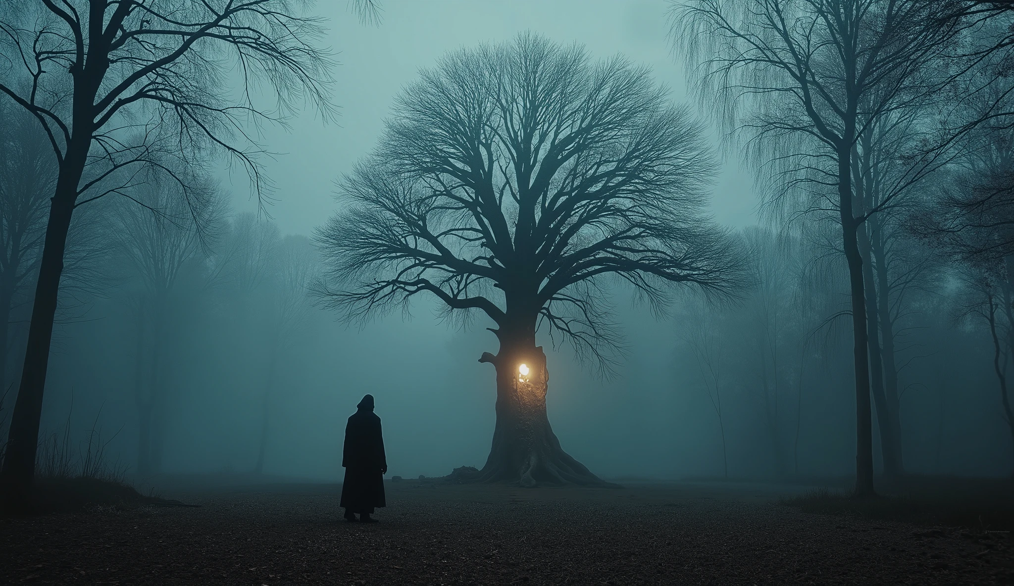 A symbolic representation of the concept 'Hollow,' set in a desolate, fog-shrouded forest at twilight. A gnarled, leafless tree stands at the center, its hollow trunk illuminated faintly from within by a mysterious soft glow. The ground is covered with scattered, dry leaves, and the surrounding trees fade into the dense mist, creating an eerie and melancholic atmosphere. A lone figure, cloaked and shadowed, stands at a distance, gazing toward the hollow tree as if drawn to its emptiness. The scene is cinematic and nostalgic, with muted tones and a haunting serenity that evokes a sense of void, mystery, and introspection.