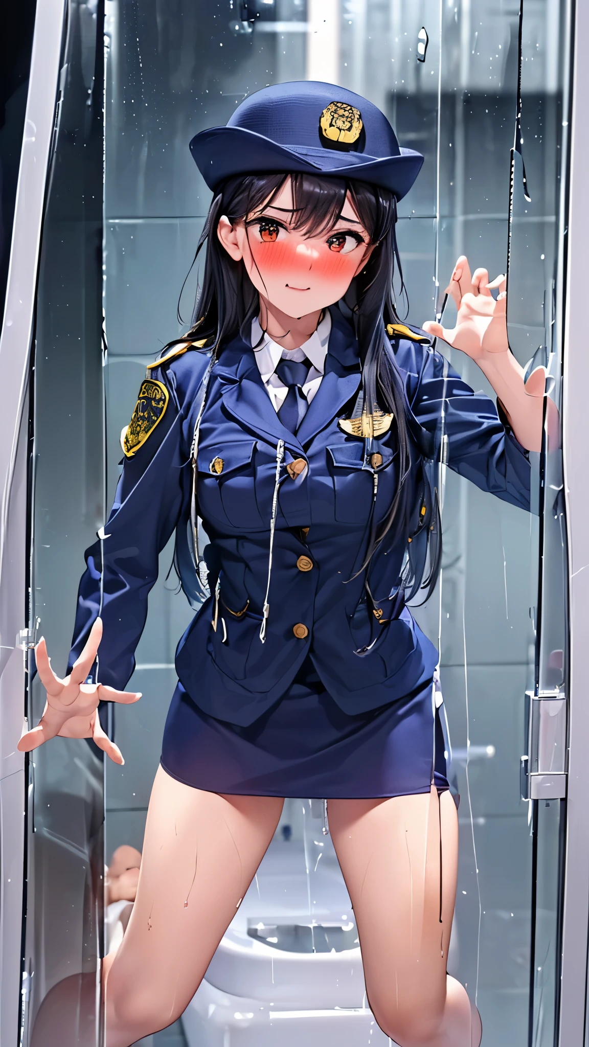 (1080P),(16K),(ACCURATE),(ANATOMICALLY CORRECT),(BEST QUALITY),(HD),(HIGH QUALITY),(HIGHRES,(ASTERPIECE),(RETINA)(SUPER DETAIL),(TEXTUREDSKIN),(UHD),((police)),Bathroom,Sweat,(((1 woman and 1man through glass))),(back),(open legs),(give pelvic thrusts),(sexual trembling body),skirt