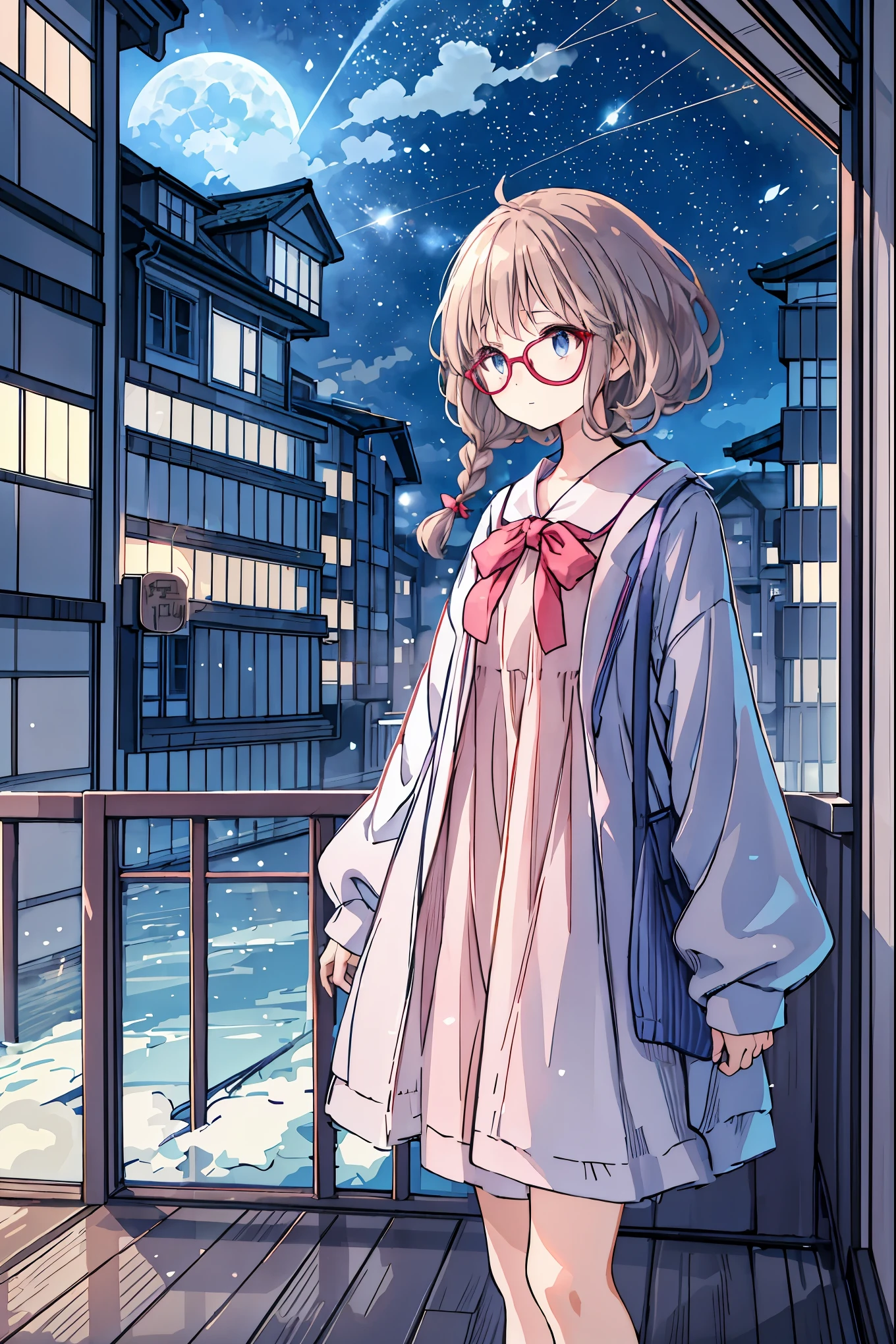  Moonlight  、 anime-like 、night、Exterior of the building、Japan Housing、 beautiful sky、  Details、 beautiful、background、naked eye， tea hair， shortcuts， unkempt hair，Short braided hair，Neat， slender beautiful woman，Correct posture，Small chest， beautiful脚， has enchanting gray-blue eyes shining like stars，Droopy eyes， bright color, beautiful目,A delicate smile,Textured Skin, Best Quality at its Best ,優しくて beautiful女性, anime style､